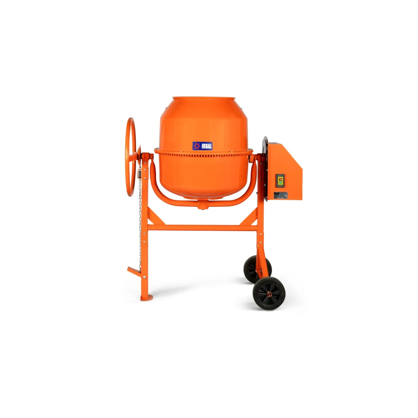 Orange portable concrete mixer with a round drum on a wheeled stand, viewed from the front-right side.