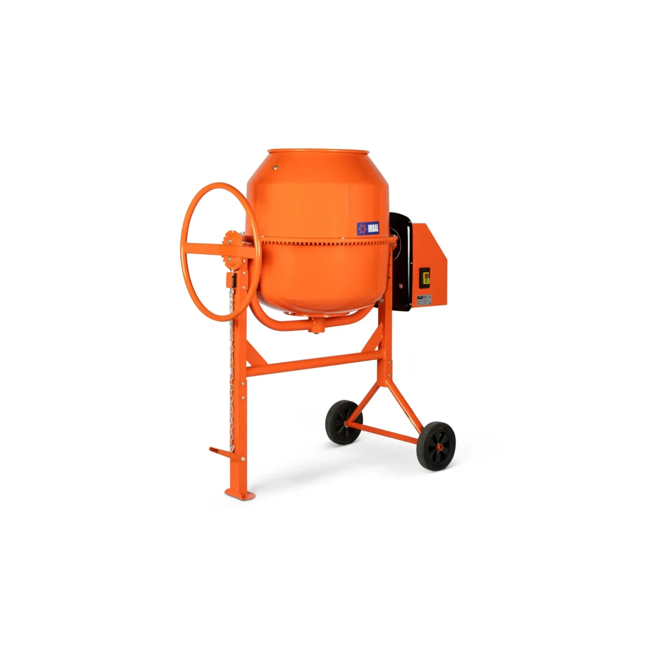 Orange concrete mixer on a stand with a large circular handwheel and wheels, shown front-right on a white background.