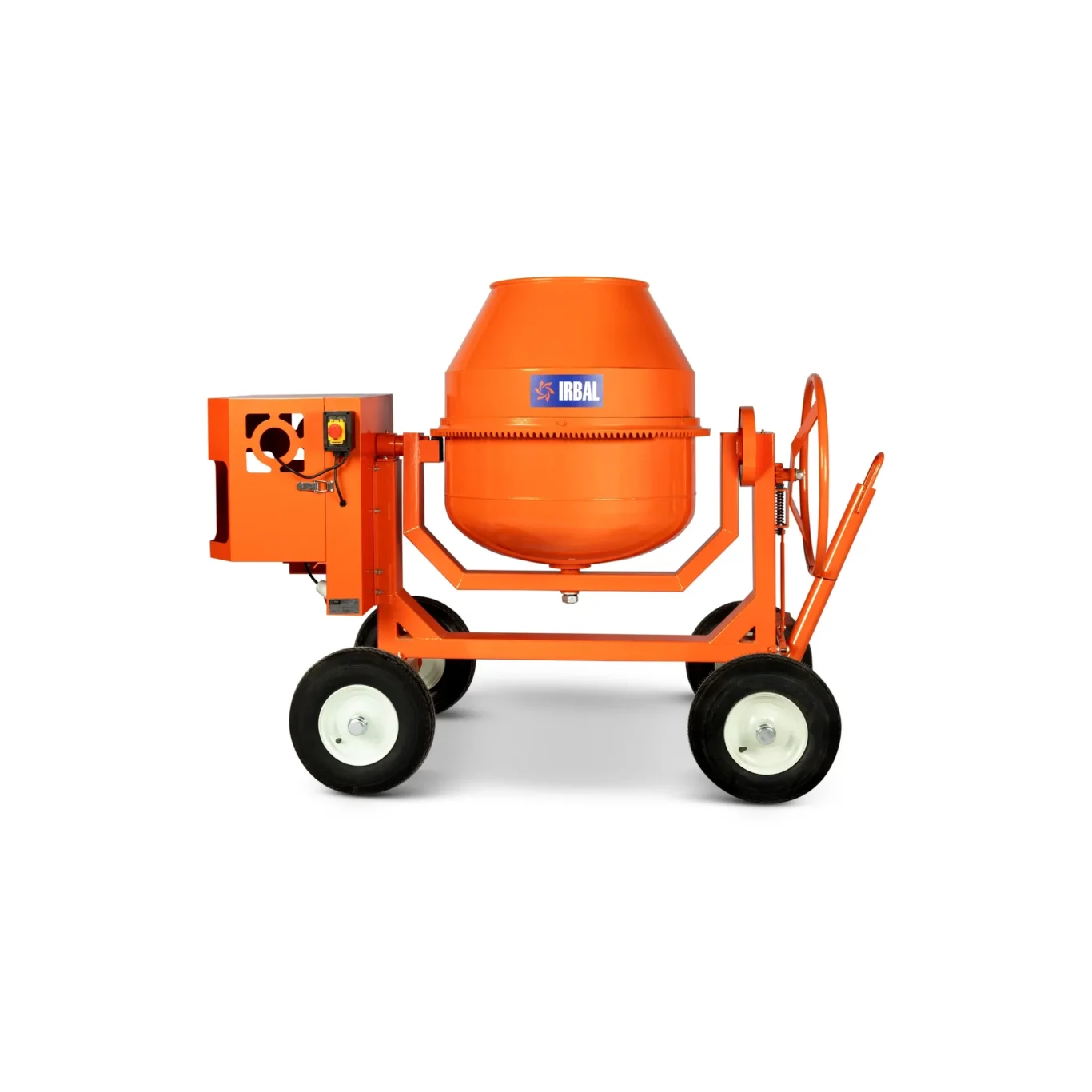 Orange portable concrete mixer on a wheeled frame for construction use
