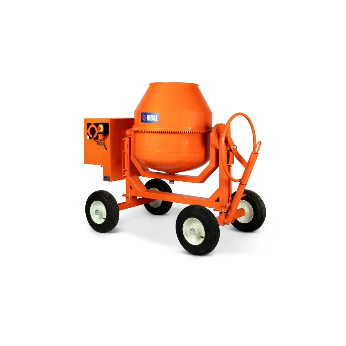 Orange portable concrete mixer on a wheeled frame with a blue IRBAL label visible on the drum.