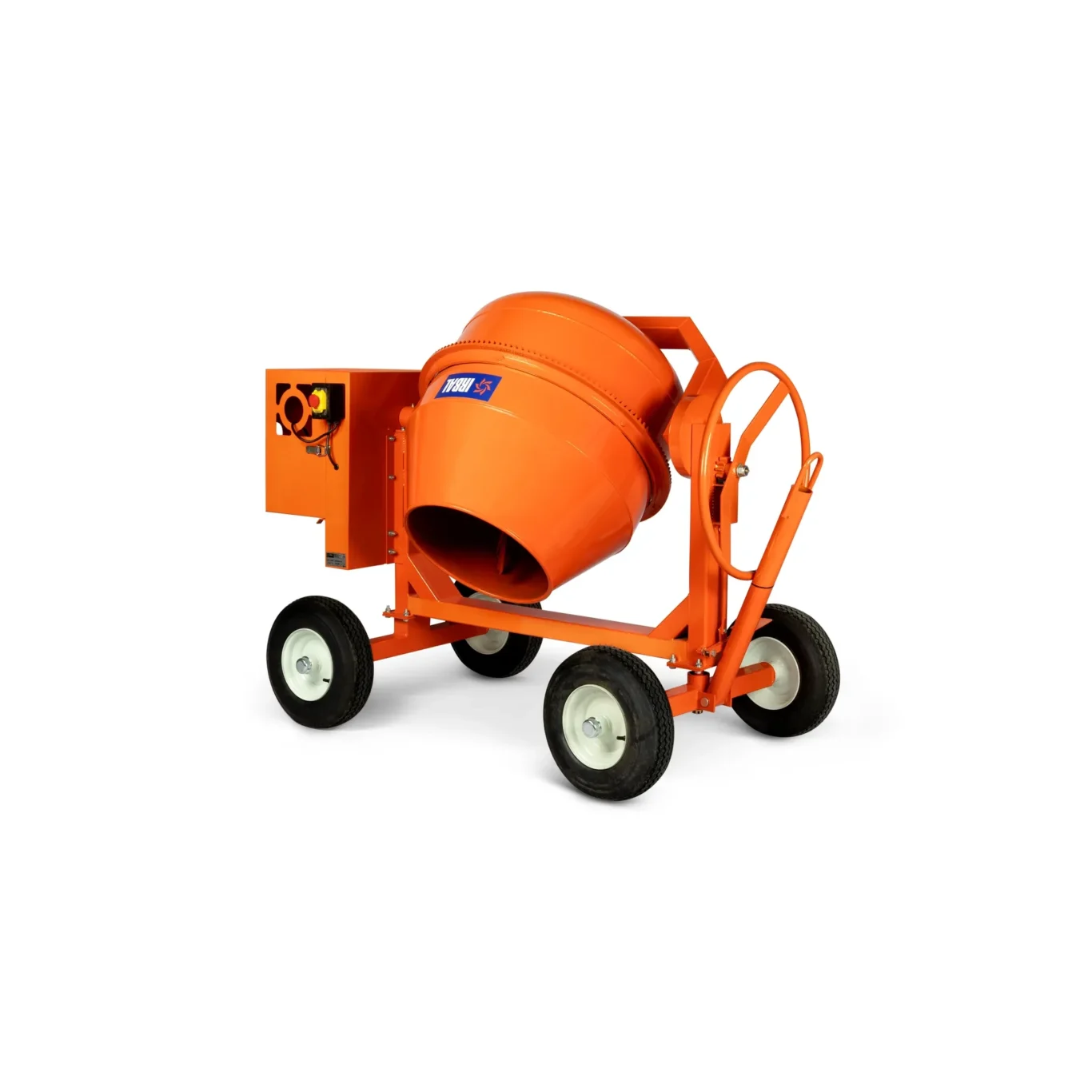 Orange portable concrete mixer mounted on a wheeled frame, ready to mix cement