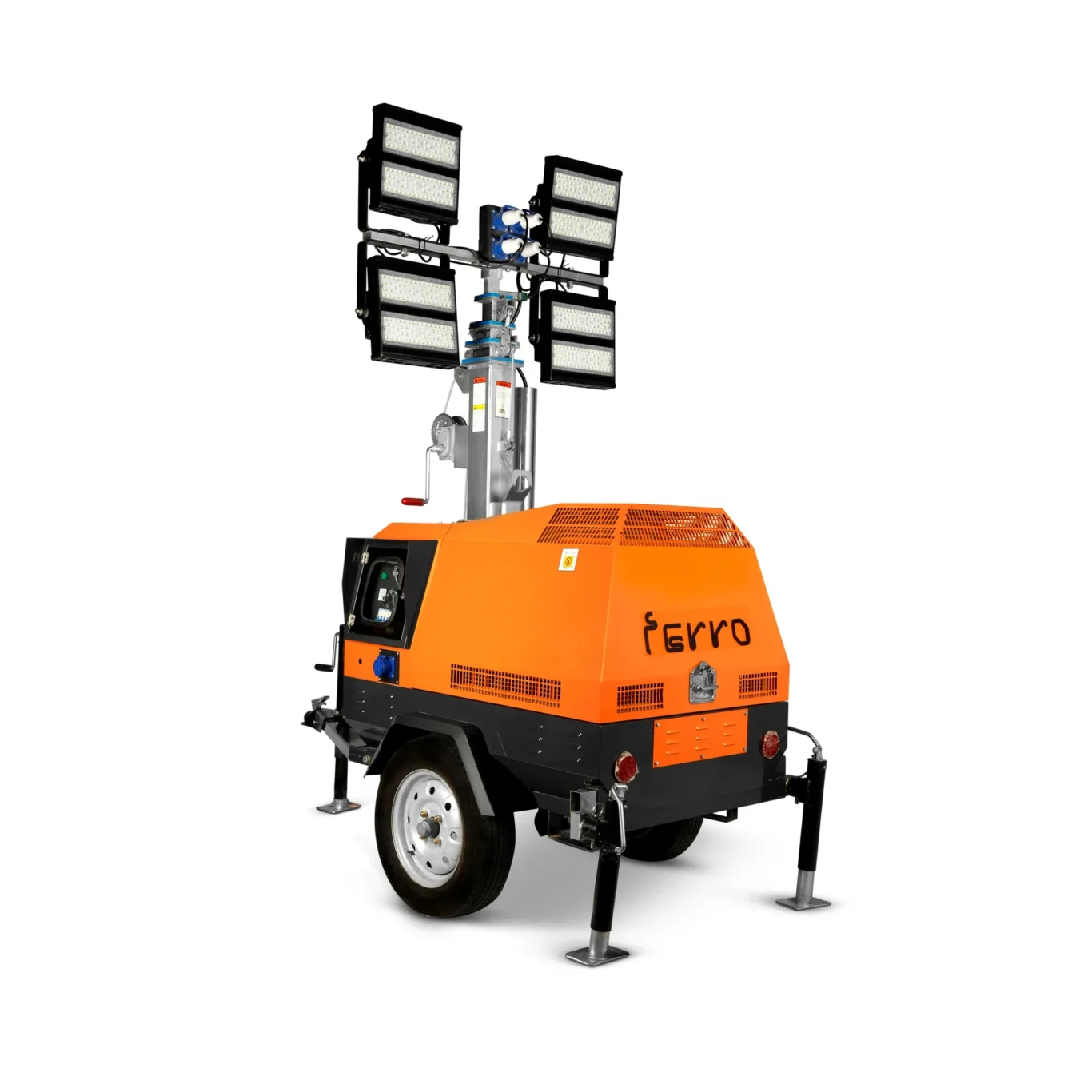 Mobile LED light tower with four floodlight panels mounted on a retractable mast above an orange generator unit