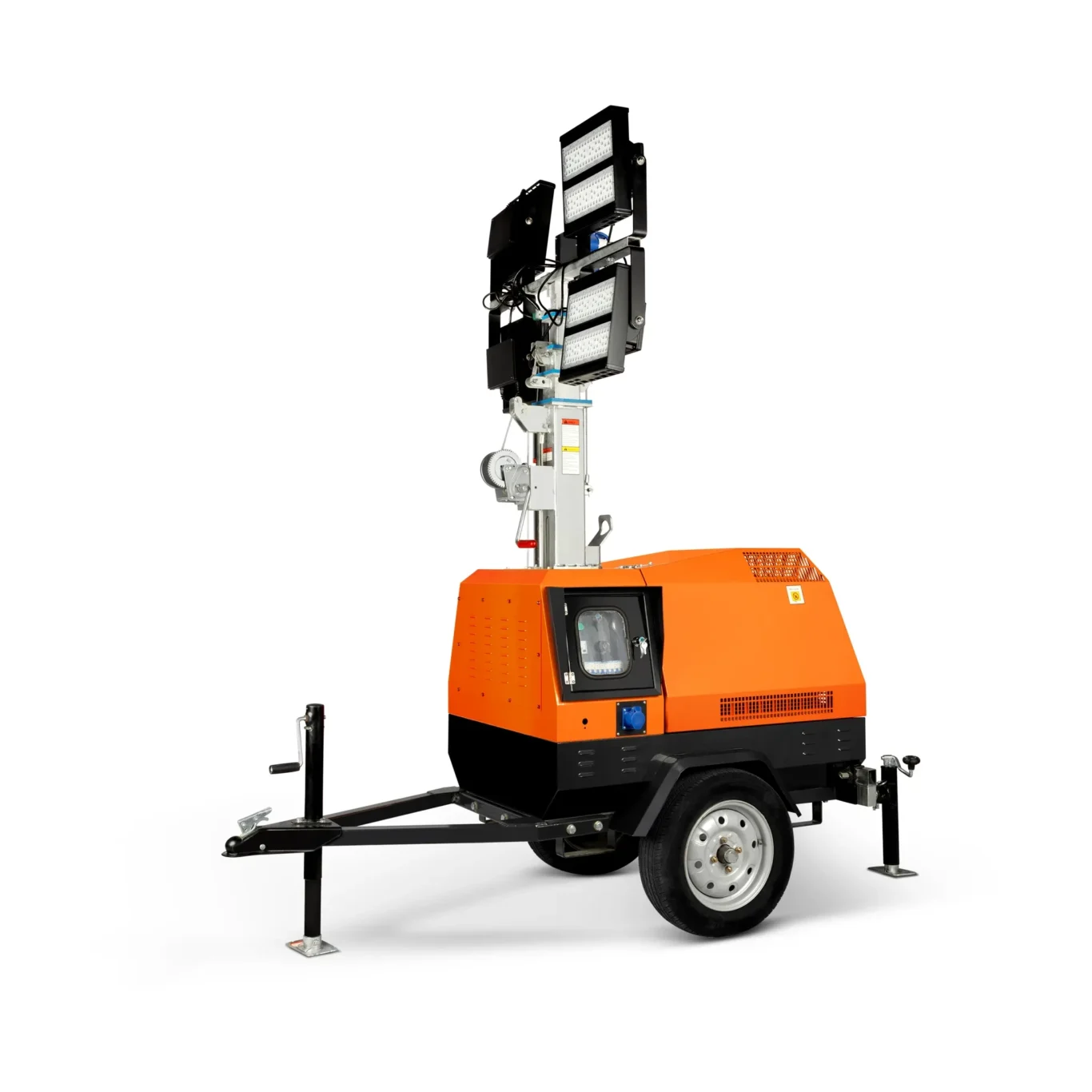 Orange mobile light tower on a trailer with an extending mast and multiple LED floodlights at the top, ready for site lighting