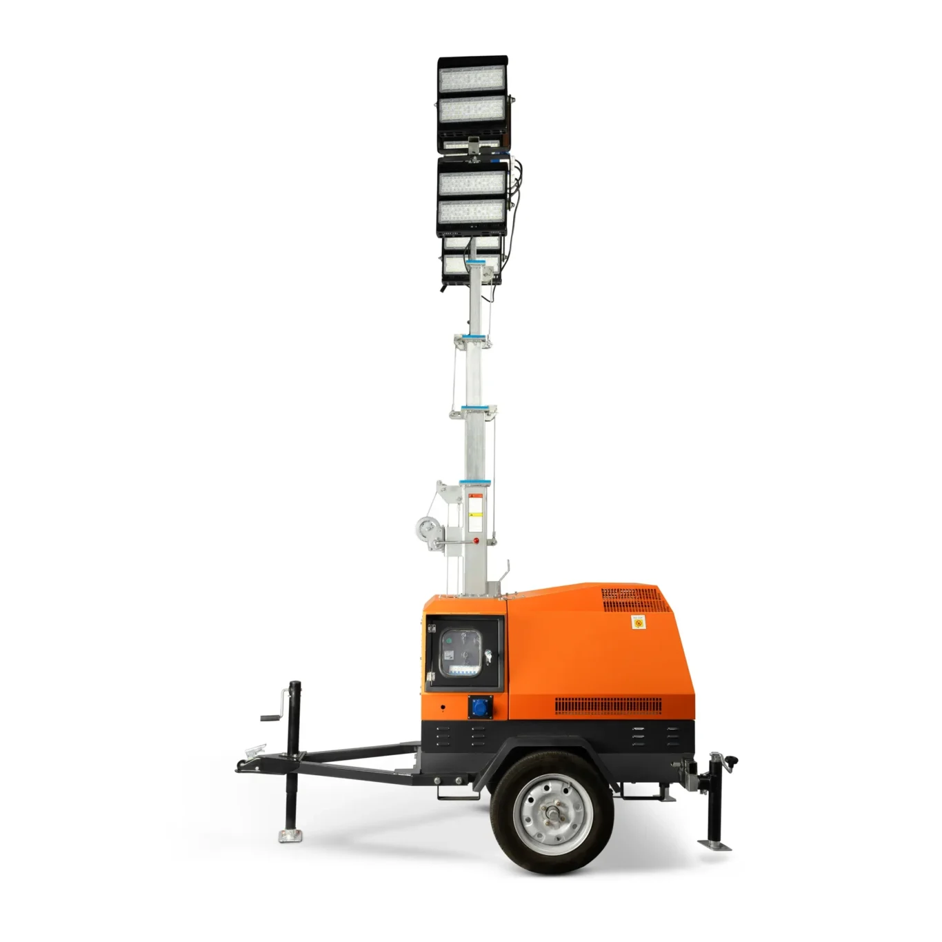 Mobile LED light tower with a tall extendable mast and stacked floodlights mounted on an orange generator trailer, ready for nighttime work.