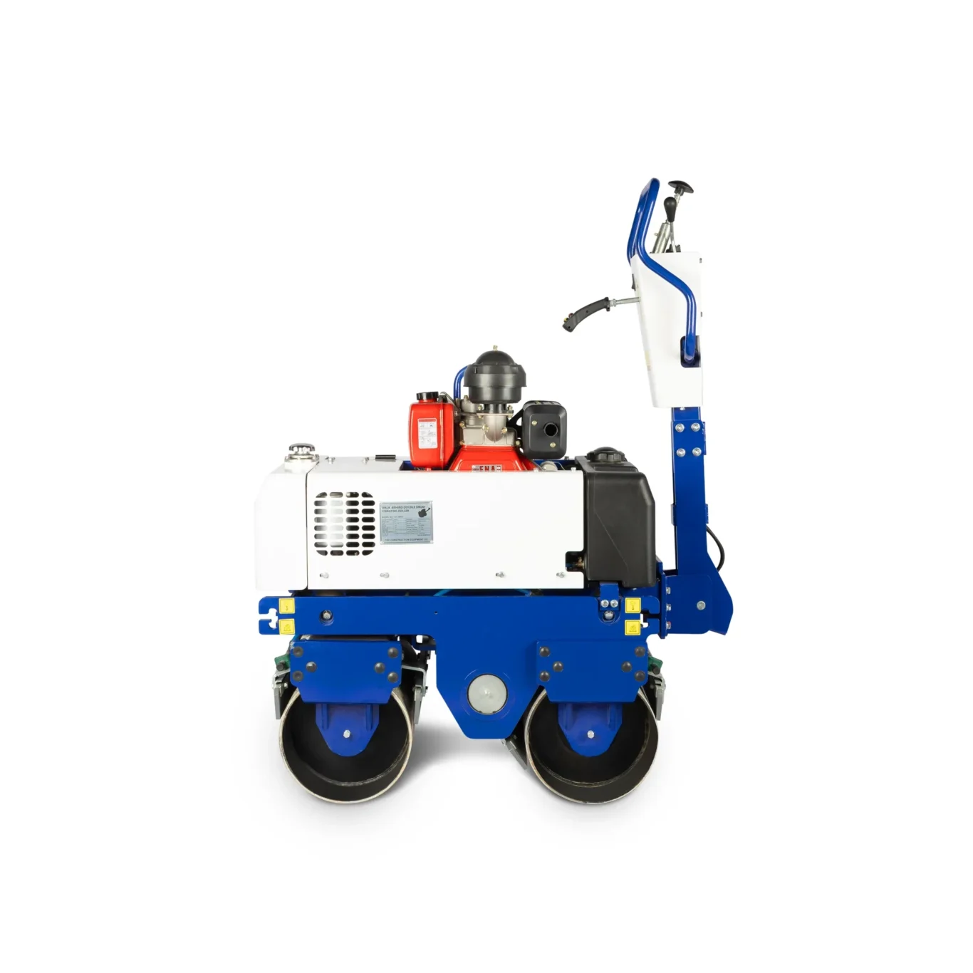 Compact industrial floor cleaning machine with blue frame, white body, red engine, and large rear roller wheels visible