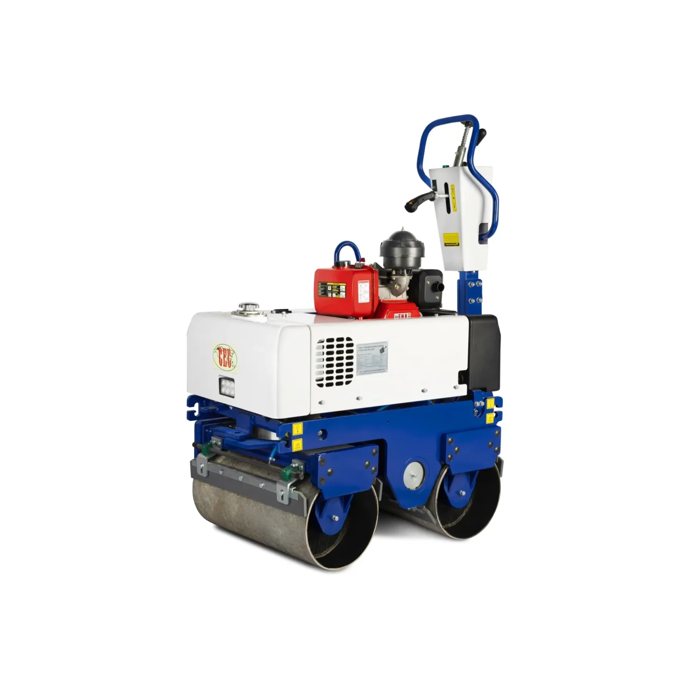 Front-right view of a ride-on road roller with a red engine and blue frame.