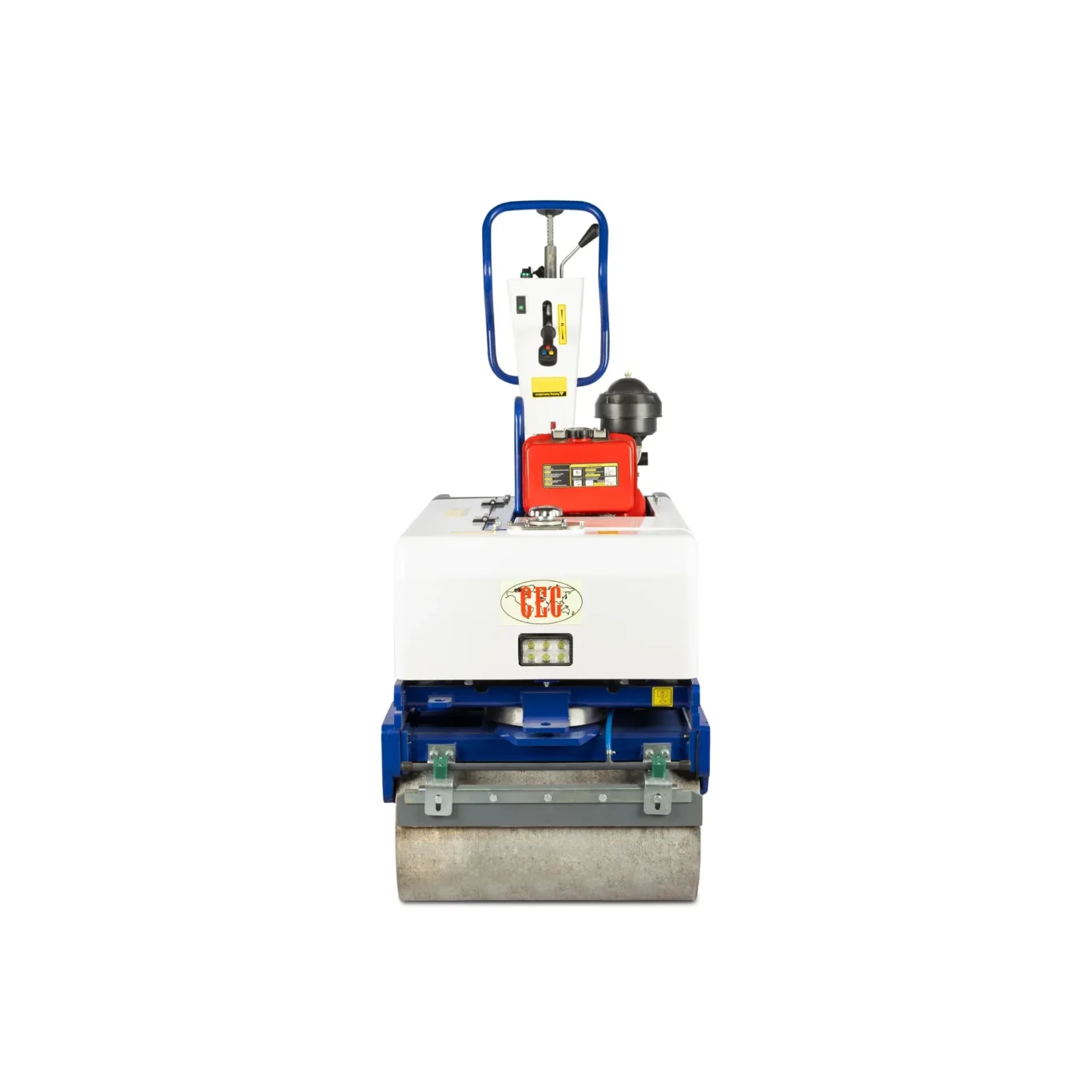 Front-on view of a road roller/compactor with blue frame, white control panel, and red engine housing for soil compaction on construction sites