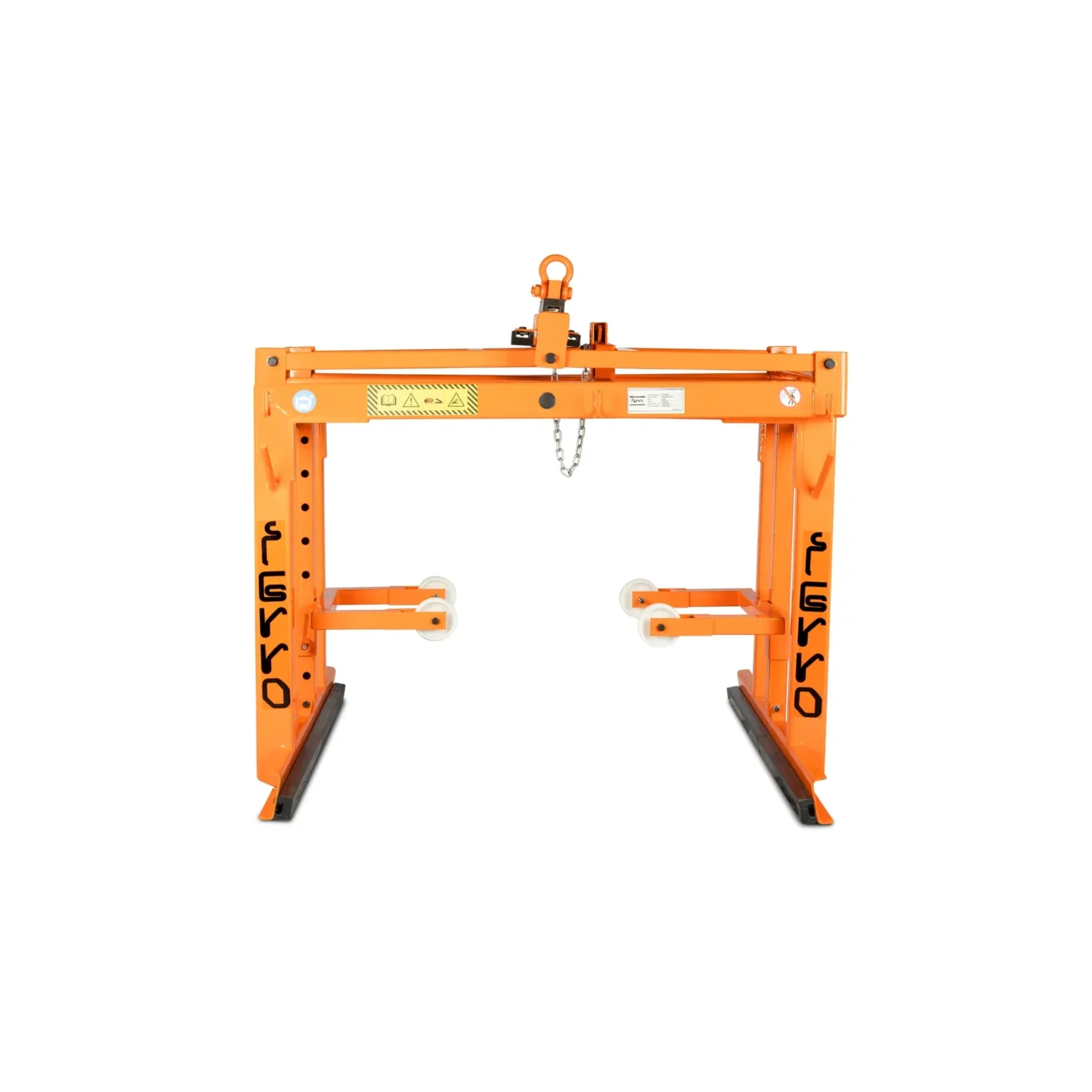 Orange two-post vehicle lift frame with lifting arms and wheels, shown against a white background for a workshop setting.
