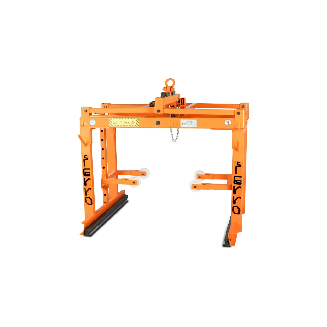 Orange two-post industrial lifting frame with wheels and a top lifting hook, used for material handling or vehicle lifting