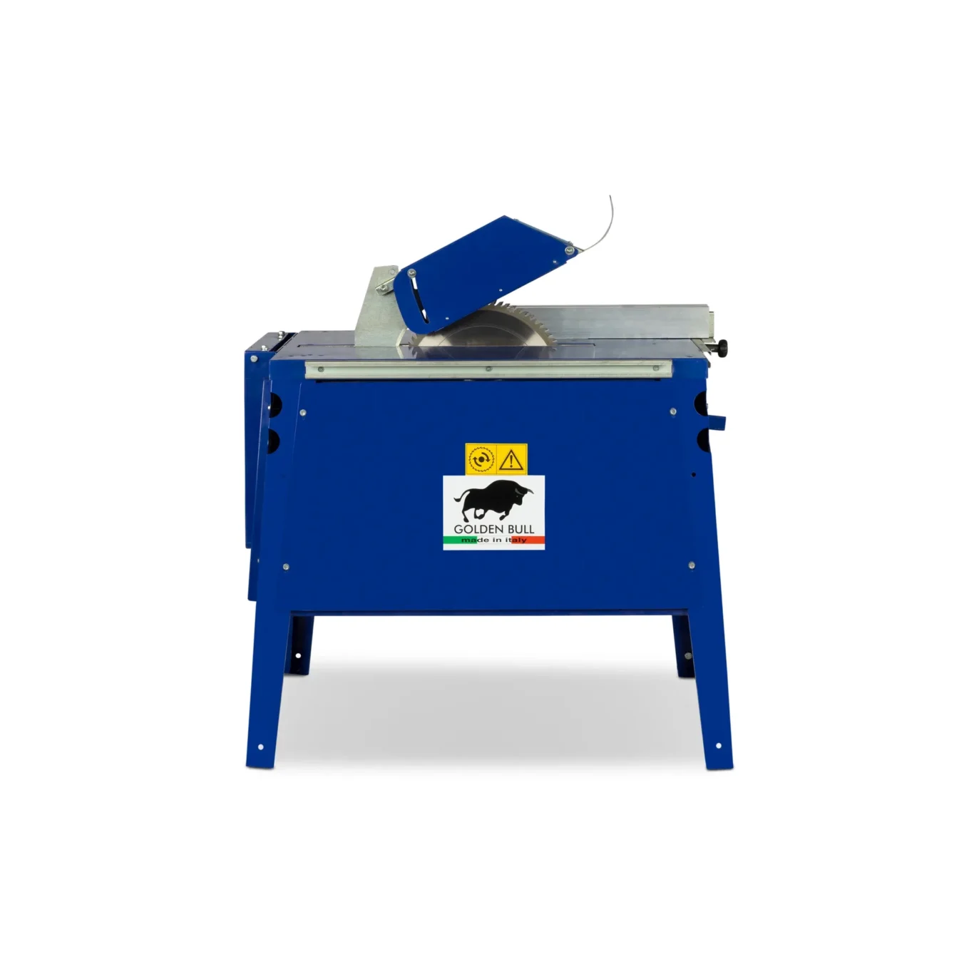 Blue industrial saw with a large circular blade mounted on a blue stand, featuring yellow safety labels and a Golden Bull logo on the front.