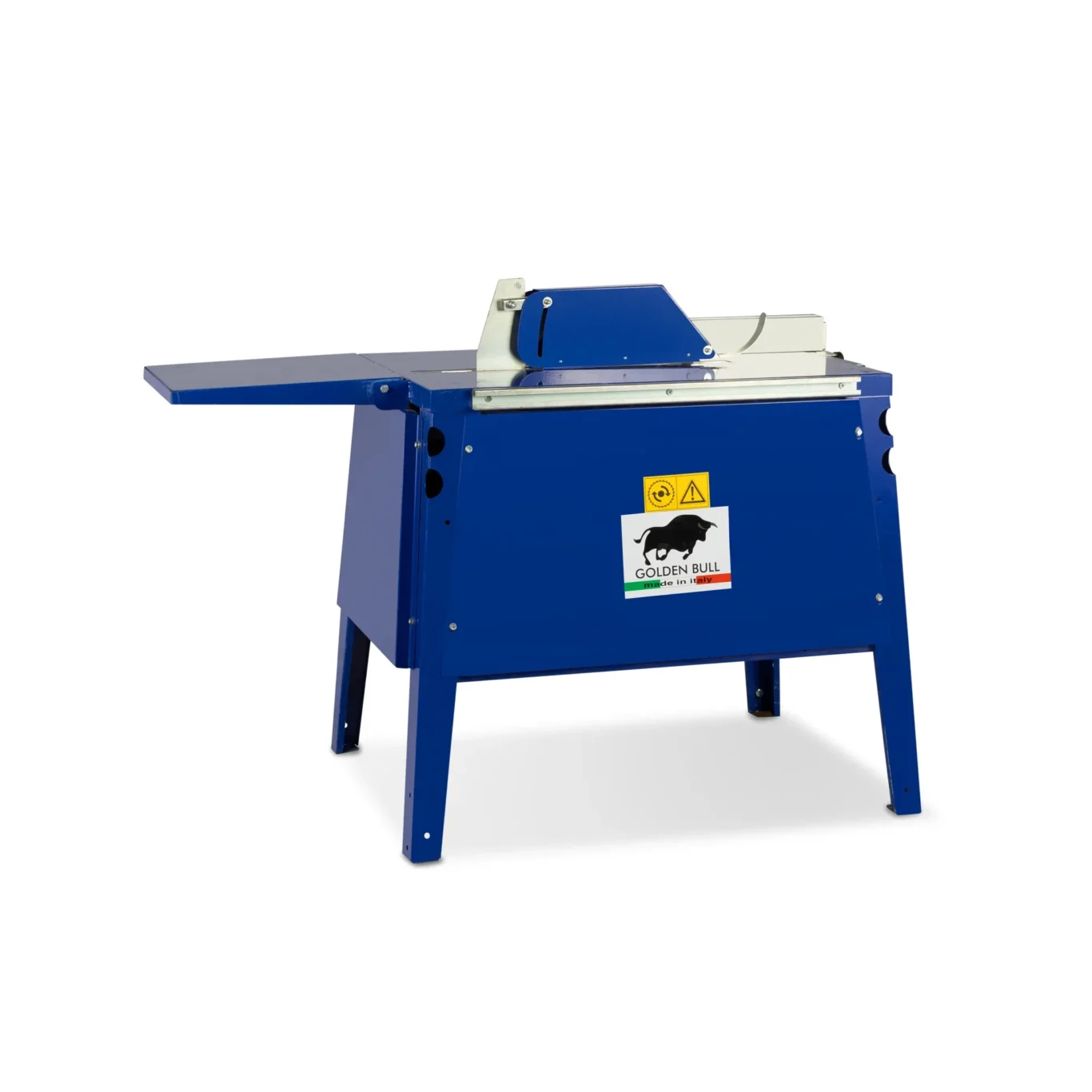 Blue industrial woodworking machine with a flat table and safety labels, shown from the front-right side.