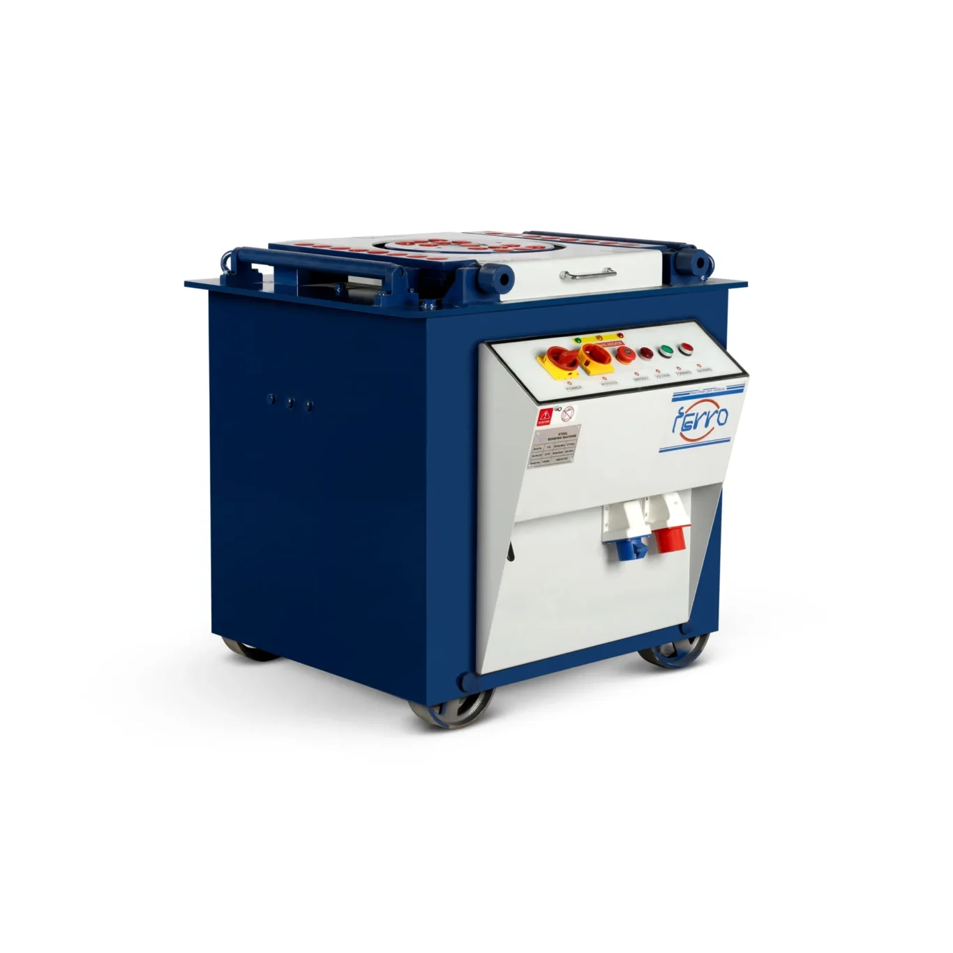 Blue industrial metal bending machine with a white control panel and wheels visible at the bottom right, set against a white background.