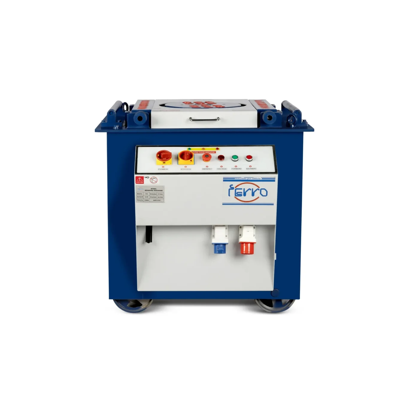 Front-on view of a blue industrial machine on wheels, showing a white control panel with red and yellow controls and a metal handle at the front.
