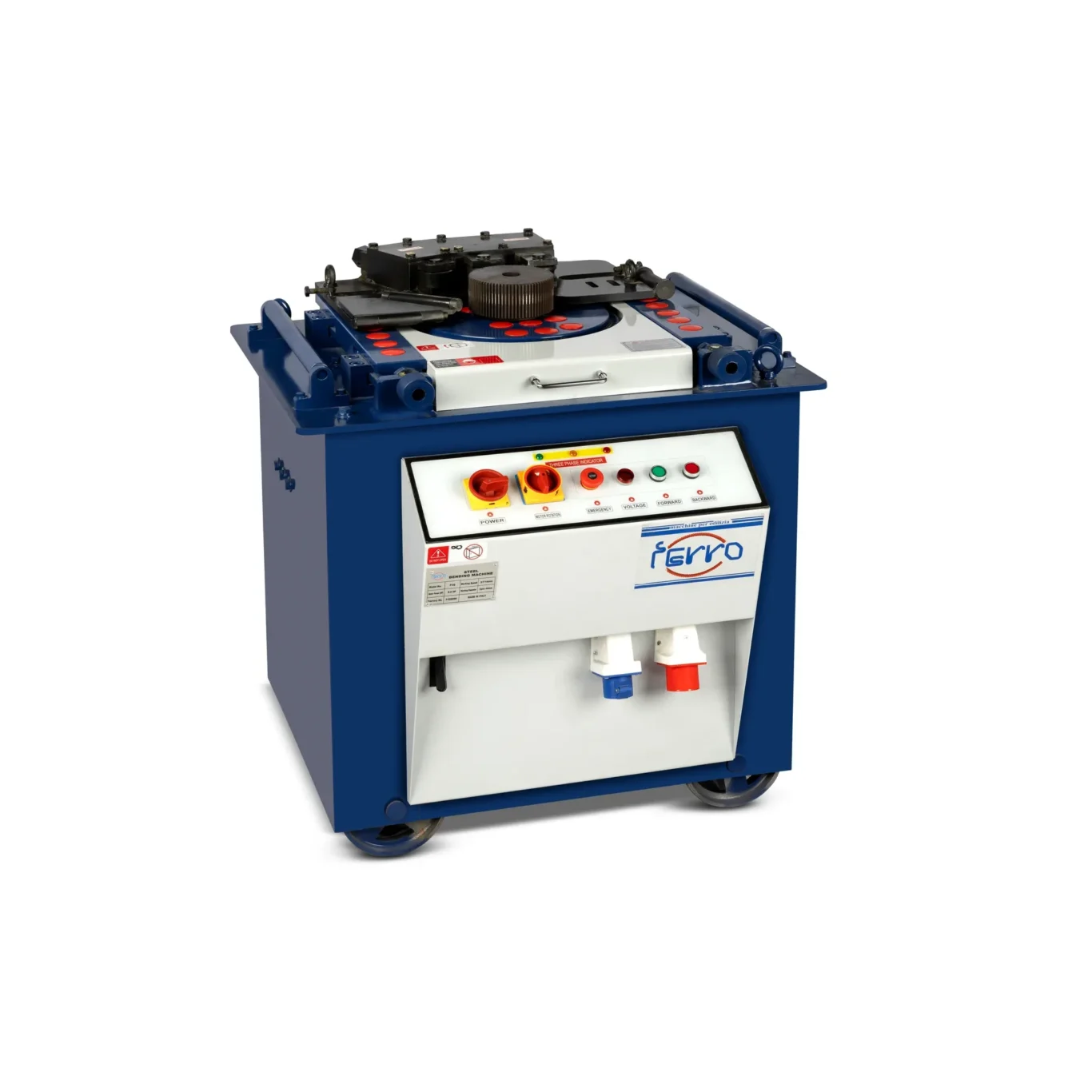 Blue industrial steel-bending machine on a blue stand with a white control panel and red/yellow control buttons, shown at an angle.