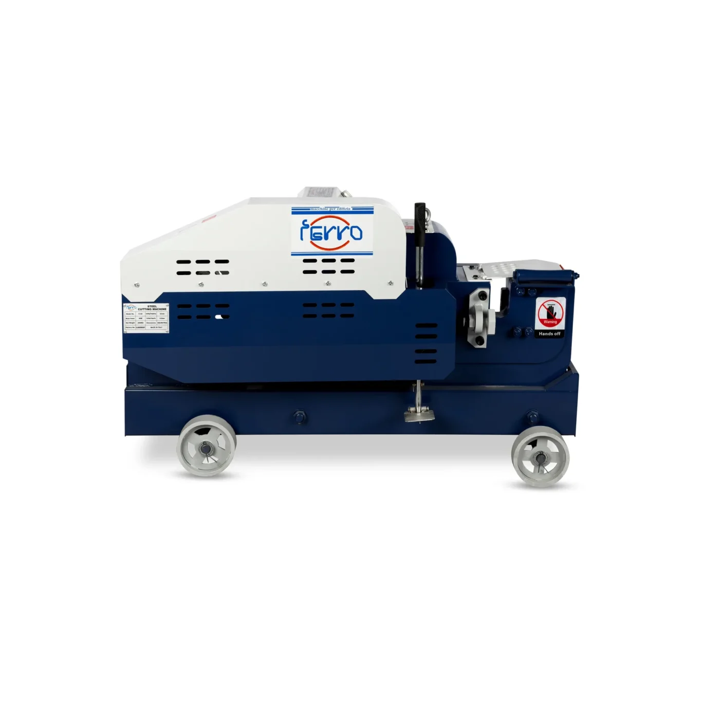 Industrial metal cutting machine on a blue base, white housing, with a safety warning sticker reading 'Hands off' on the right side.