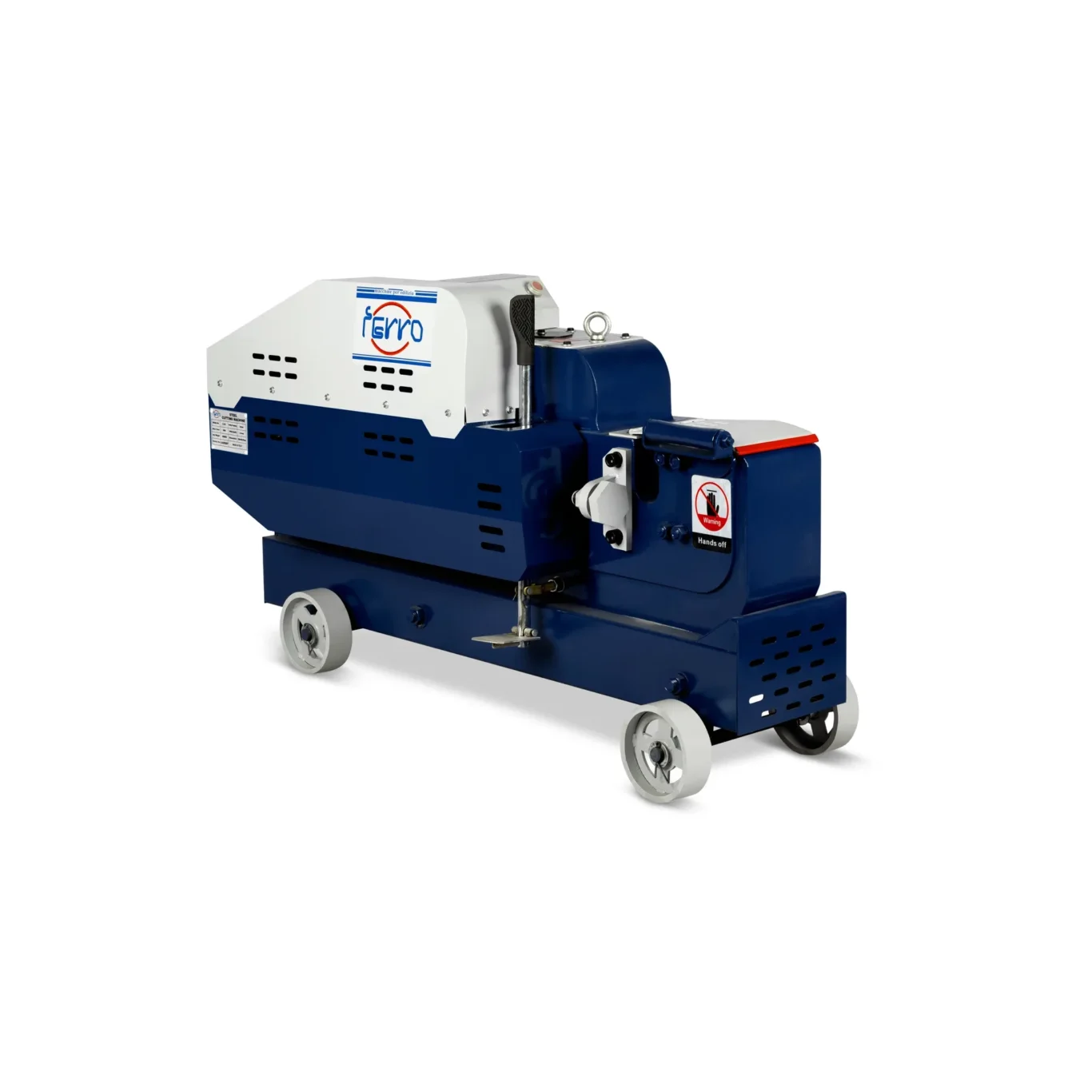 Portable industrial machine on wheels with blue and white housing, shown from the side with a warning label nearby.