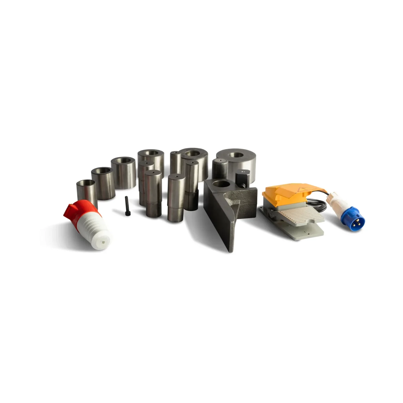 Assorted metallic bushings and spacers arranged on a white background with a small orange-handled tool nearby.