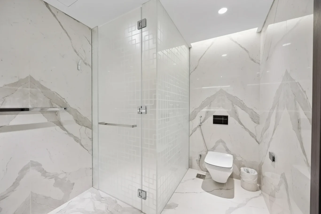 Modern marble bathroom with a glass shower enclosure, wall-mounted toilet, handheld shower, and tiled marble surfaces.
