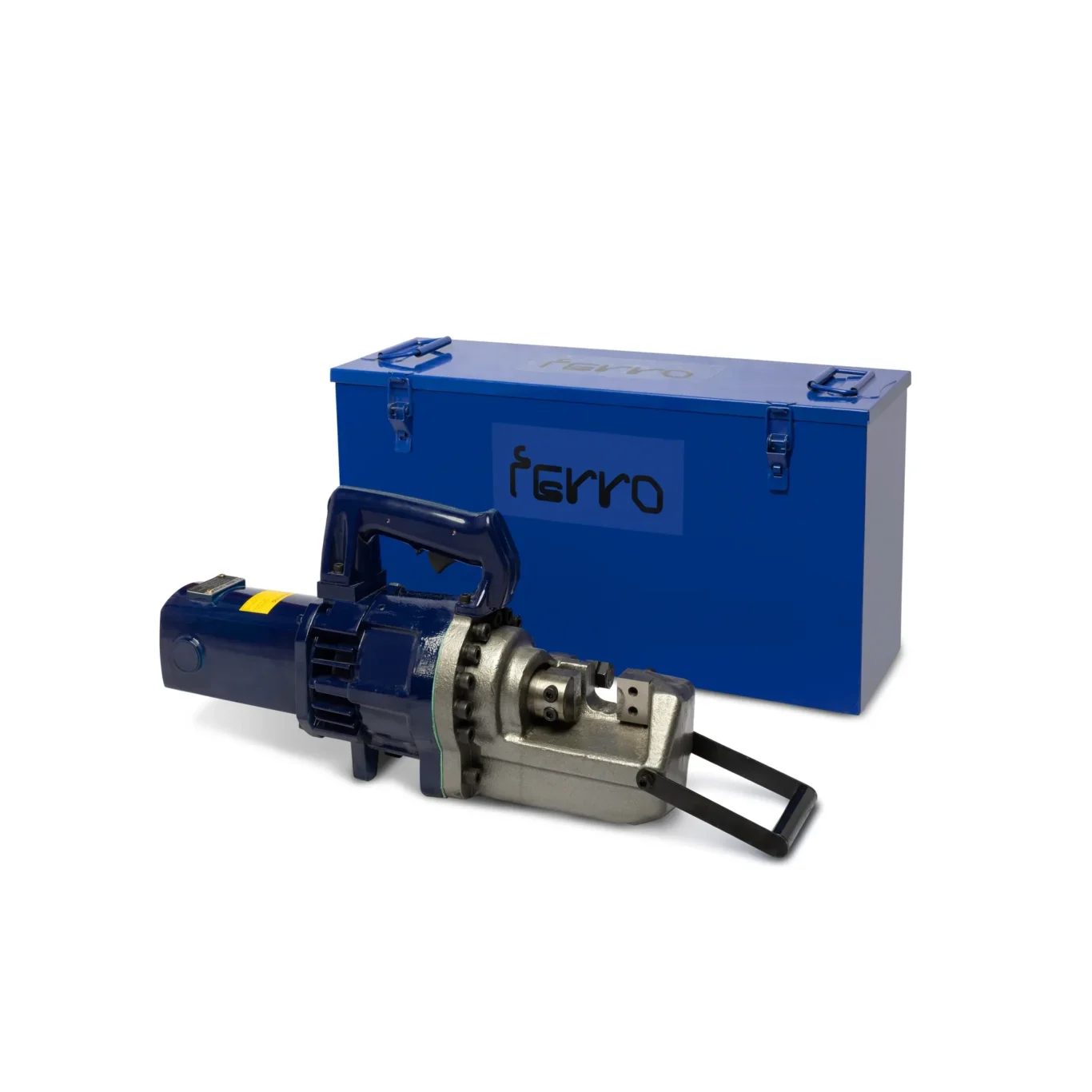 Blue metal toolbox with a large hydraulic motor mounted in front, set against a white background.
