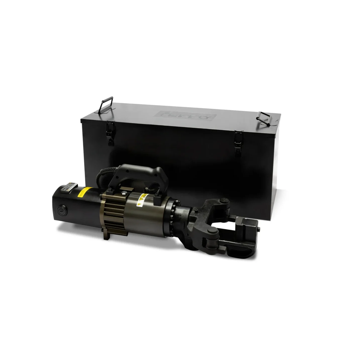 Black metal toolbox with a mounted motor and mechanical assembly extending from the front against a white background.