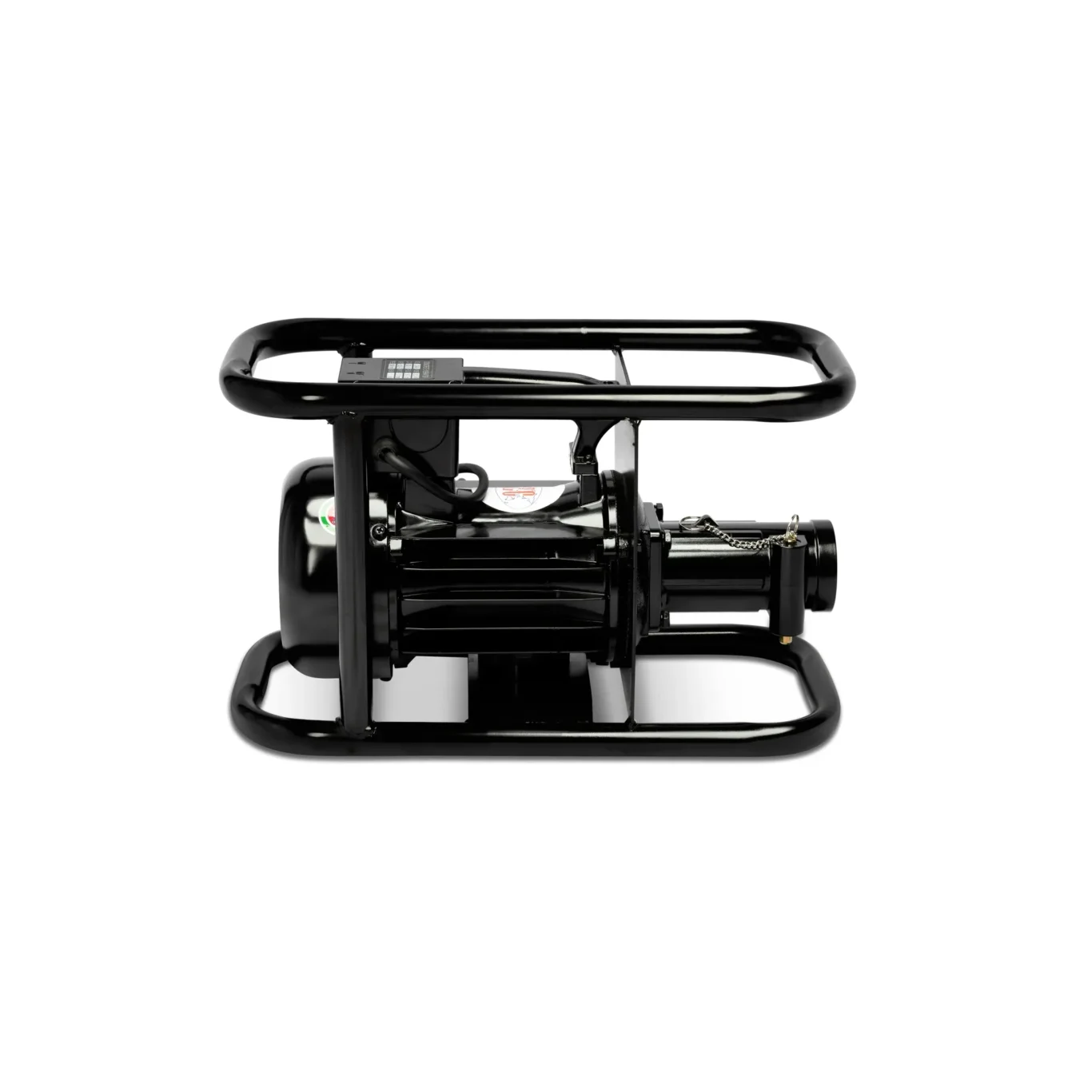 Front view of a black metal-framed portable generator, showing the control panel and rounded protective frame.