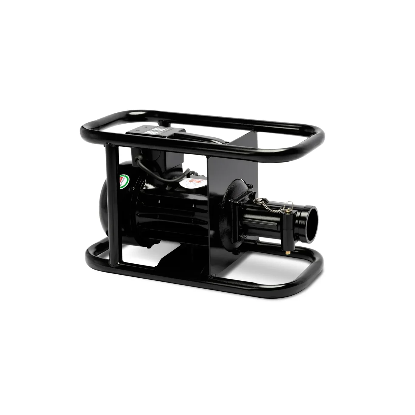 Close-up of a black metal gym machine frame with curved safety rails and a small control panel at the center