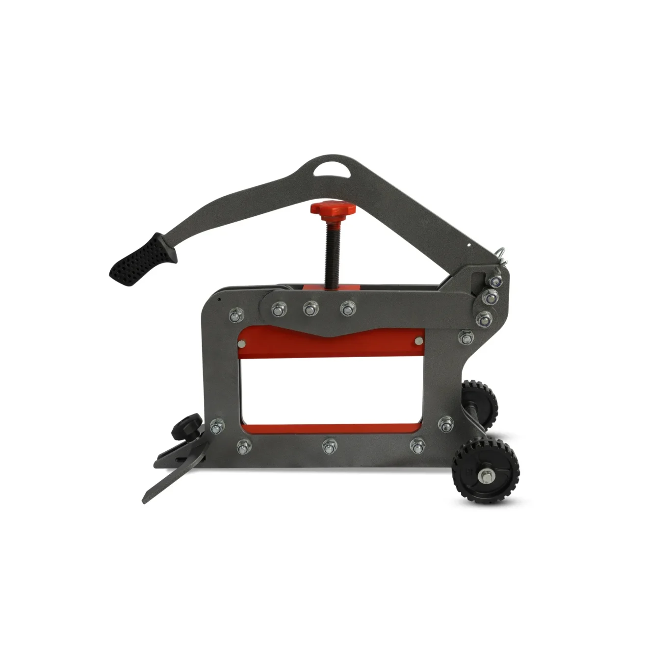 Side view of a manual clamping press with a gray frame, red adjustment knob, and black wheels on a white background.