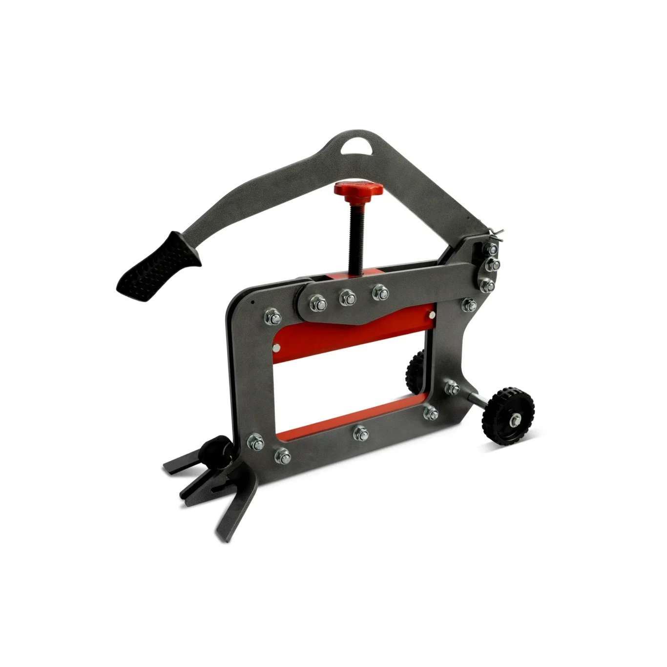 Metal lever clamp with a red adjustment screw atop a gray frame and bolt-fastened jaws.