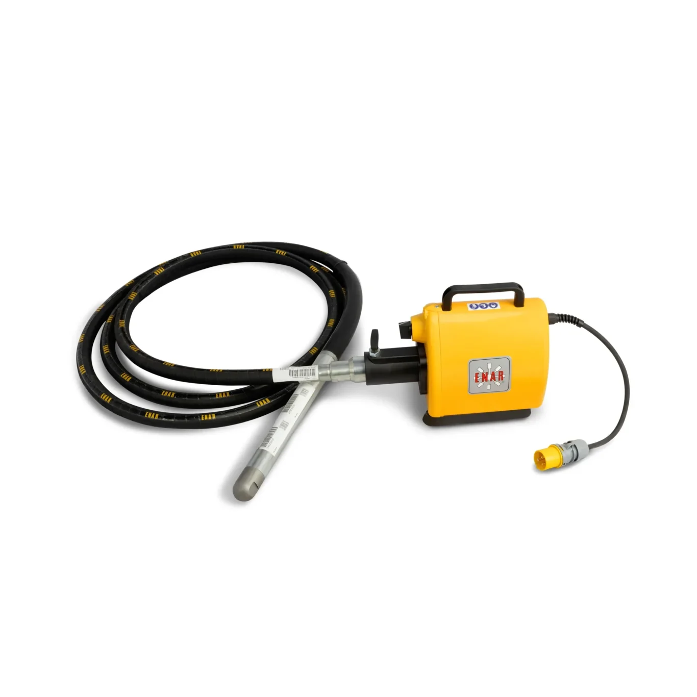 Yellow portable hydraulic power unit with a long black hose and metal nozzle.