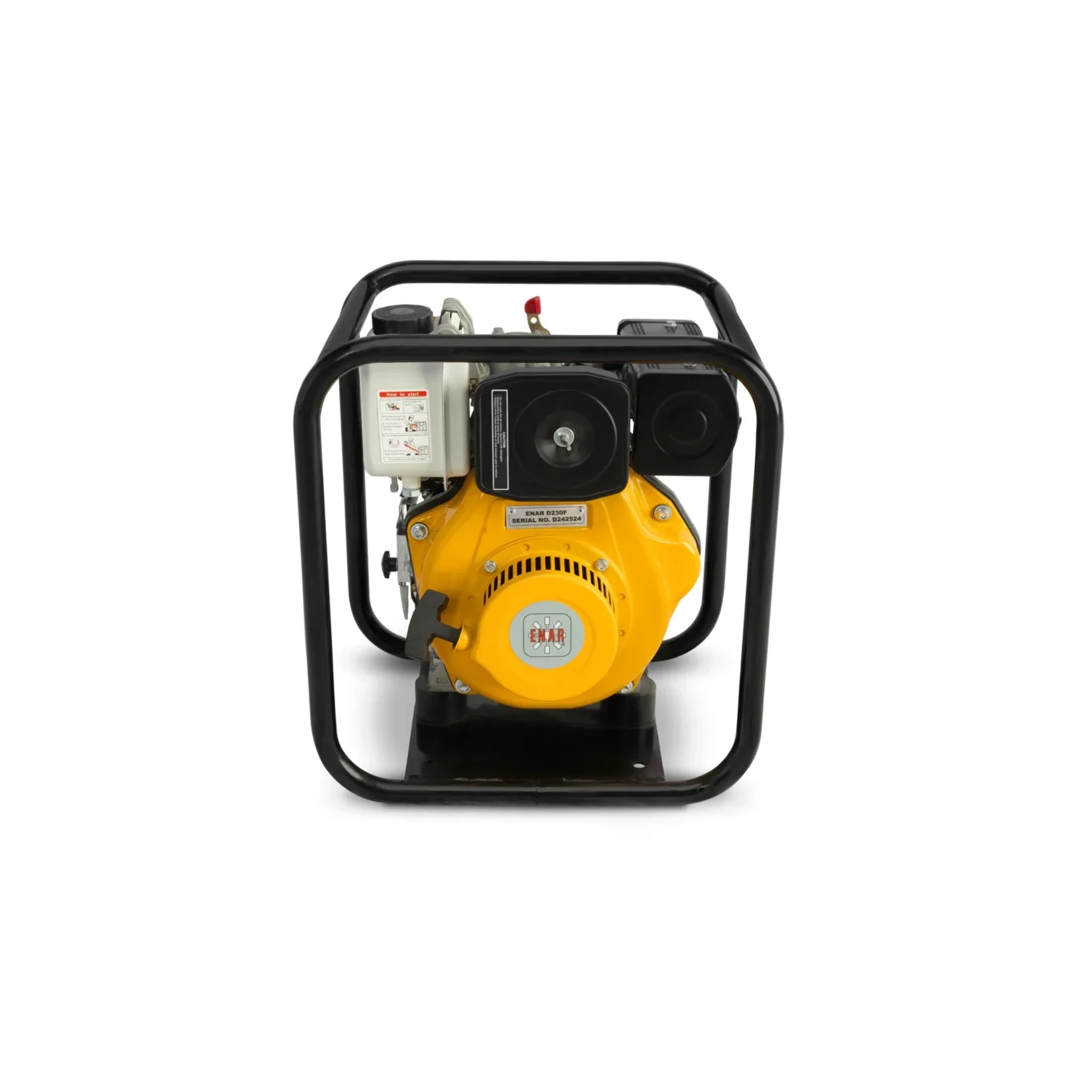 Front view of a yellow portable generator encased in a black protective frame, showing the pull-start handle and control panel on top.