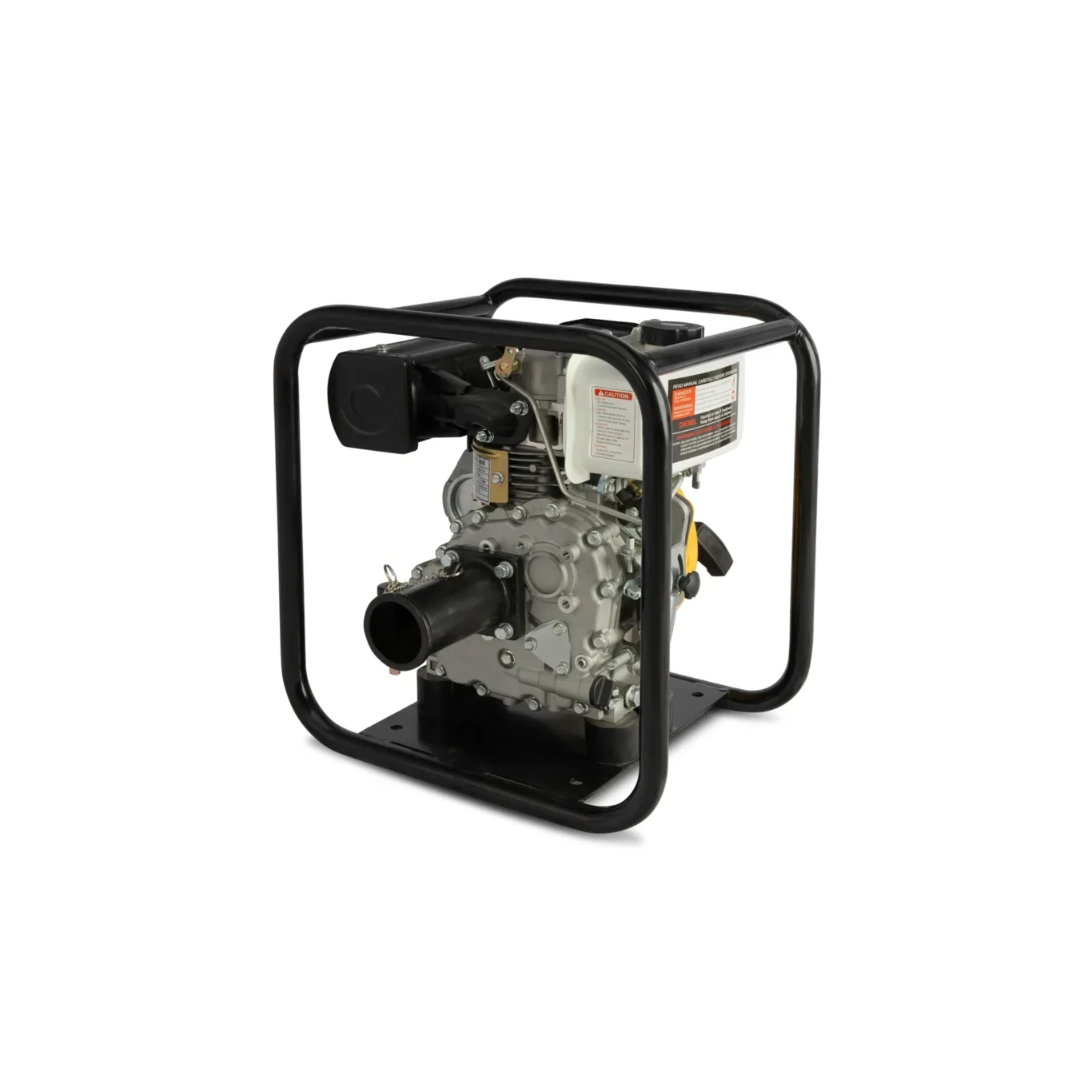 Portable generator with a black tubular frame and exposed engine components.