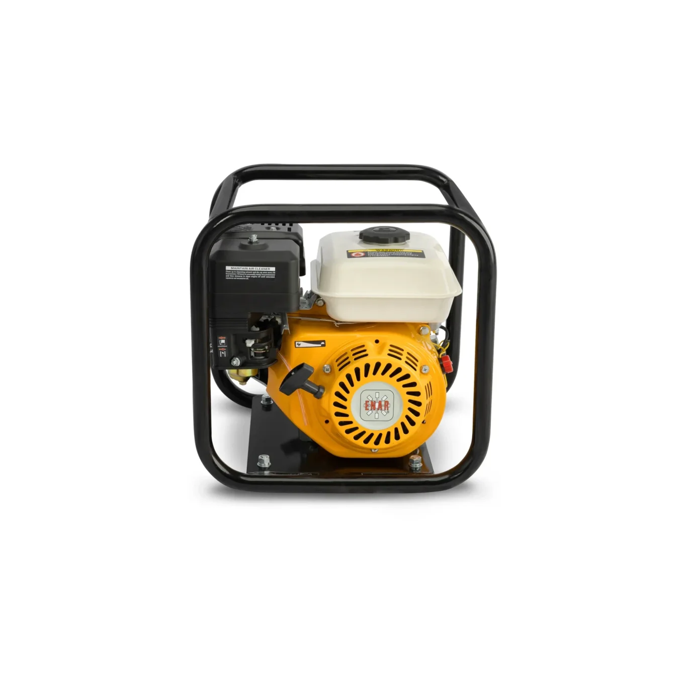 Portable gas-powered generator inside a black metal frame with an orange engine and white fuel tank.