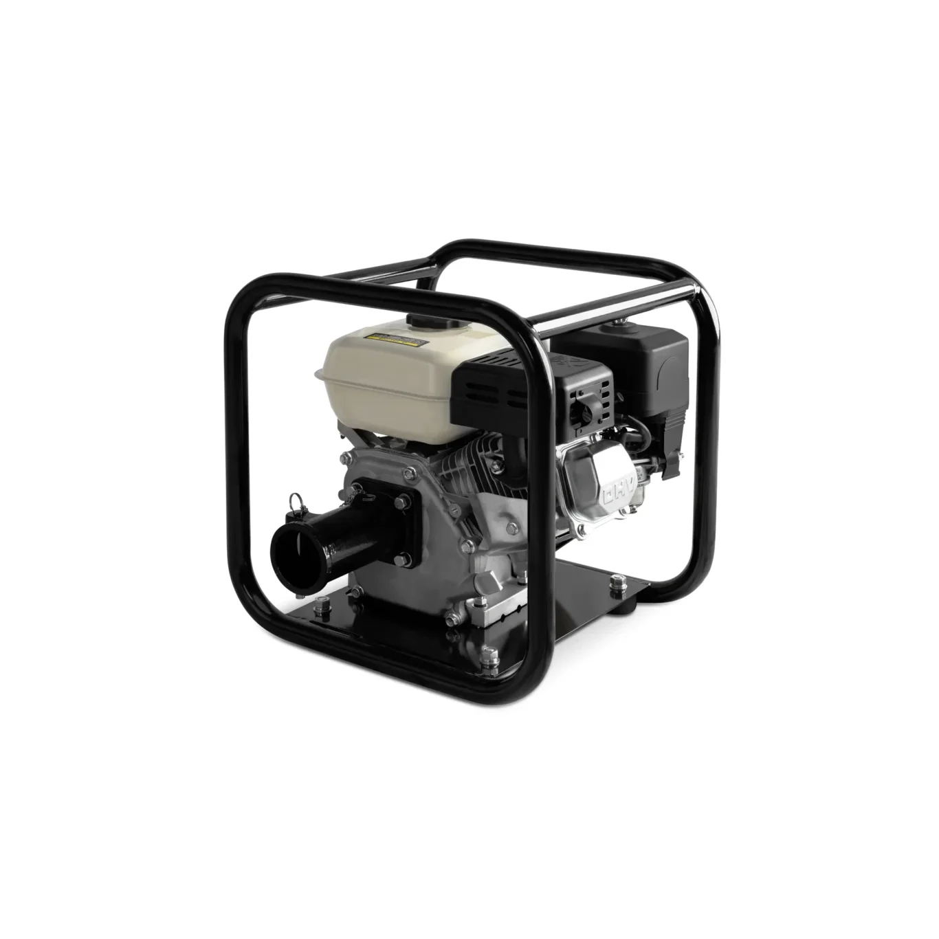 Portable gasoline generator mounted in a black metal frame, engine visible and fuel tank on top.