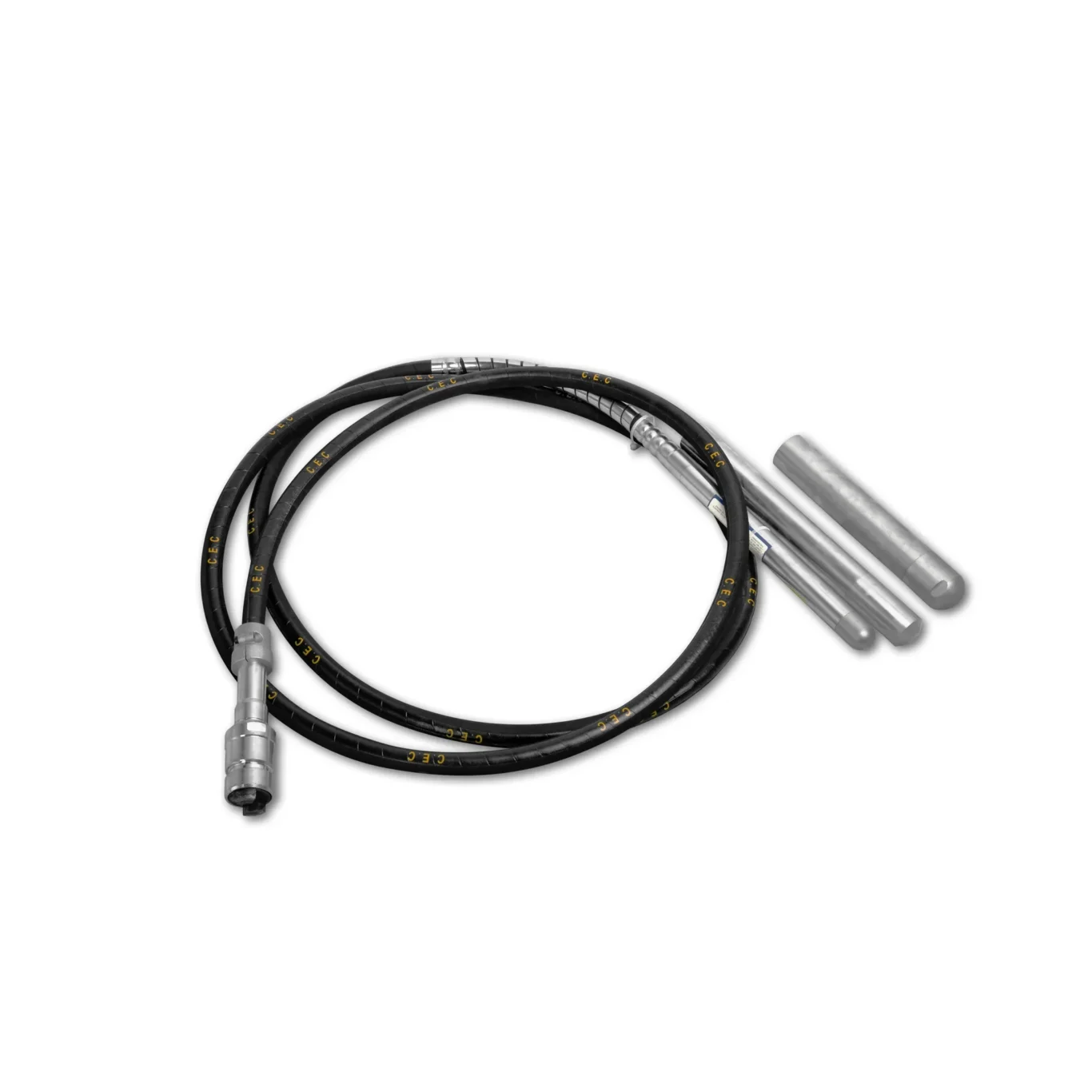 Two black industrial cables with silver metal connectors coiled on a white background