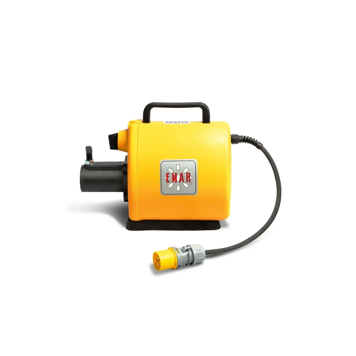 Yellow portable pump with a black top handle, power cord, and front control panel labeled ENAR (industrial equipment).