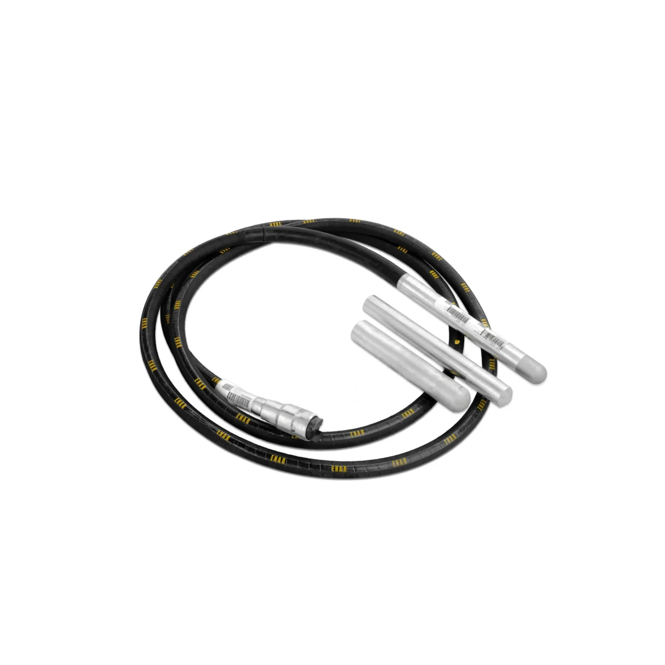 Two black industrial cables coiled together with yellow markings and silver connector ends visible at the bottom-right of the image.