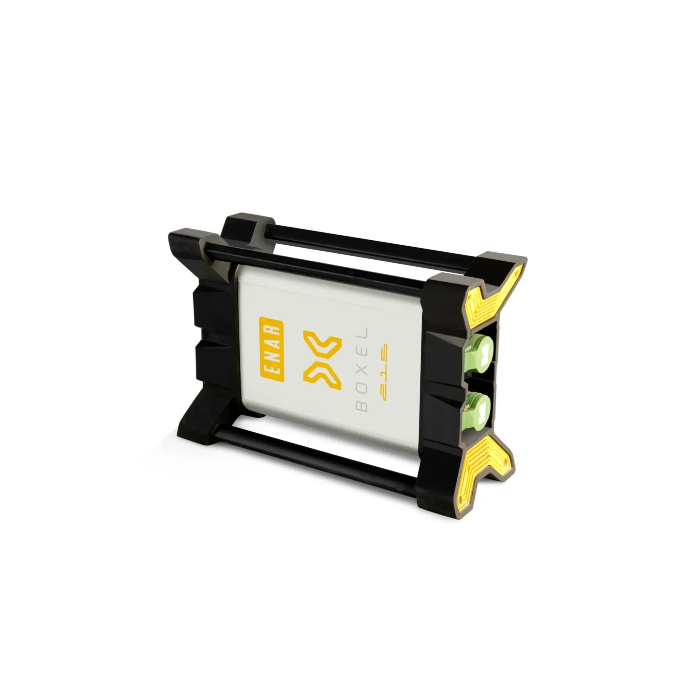 Close-up of a black frame holding a white panel with yellow logos and green/yellow end caps — a modular device component.