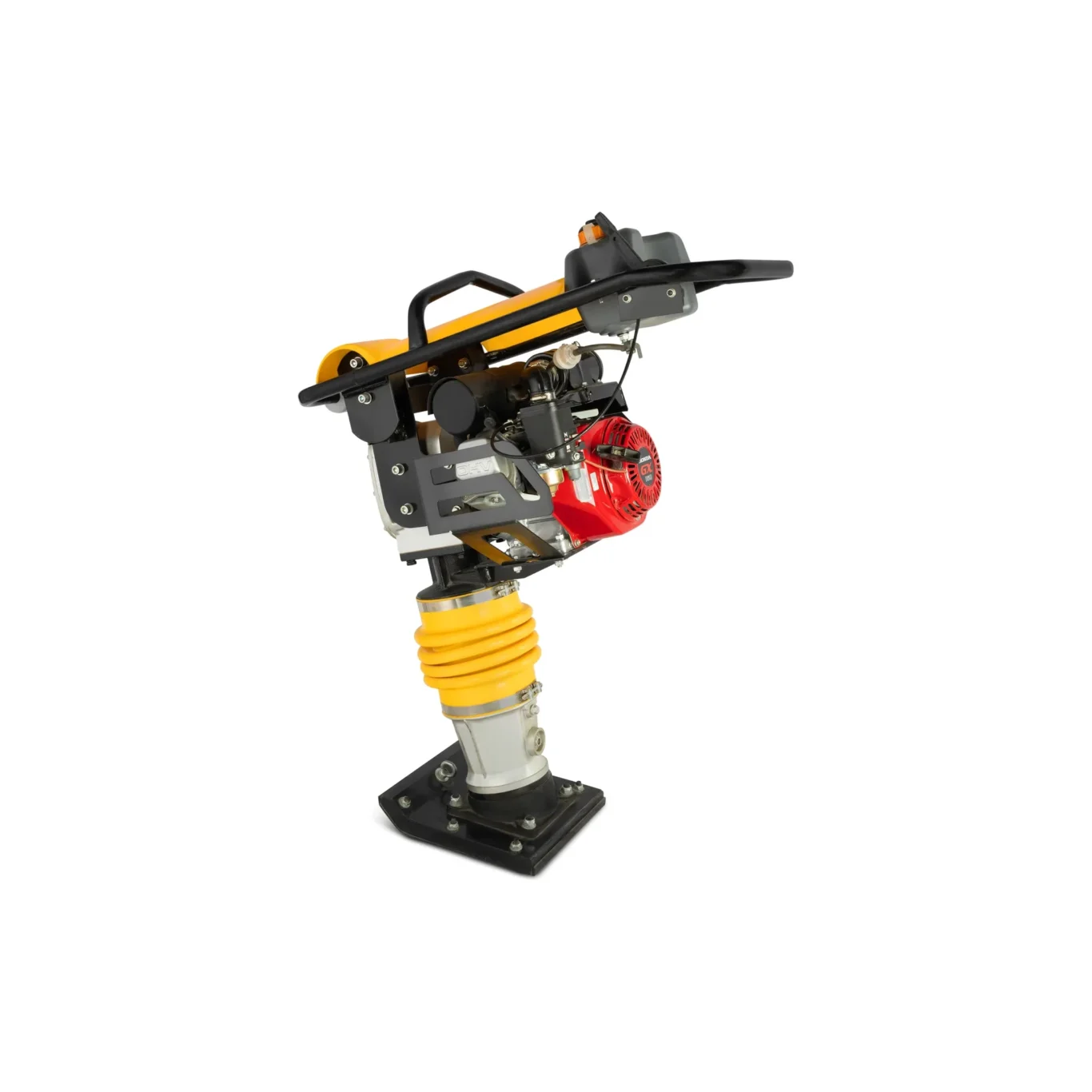 Close-up of a gas-powered engine mounted on a black frame, showing a red recoil starter, yellow protective cover, and black handlebars against a white background.