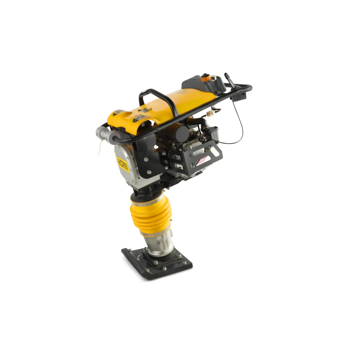 Yellow and black industrial machine mounted on a stand, shown from the side (construction/utility equipment)