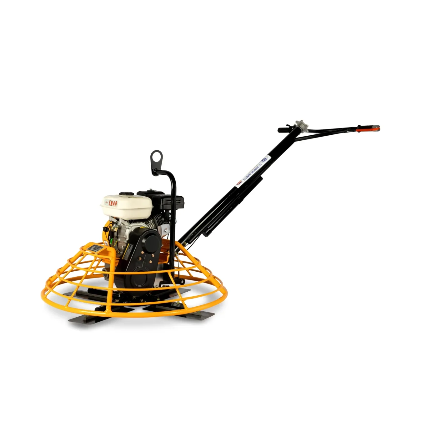 Gas-powered cultivator with an orange circular guard and black handlebars visible on the left, engine at the bottom right.