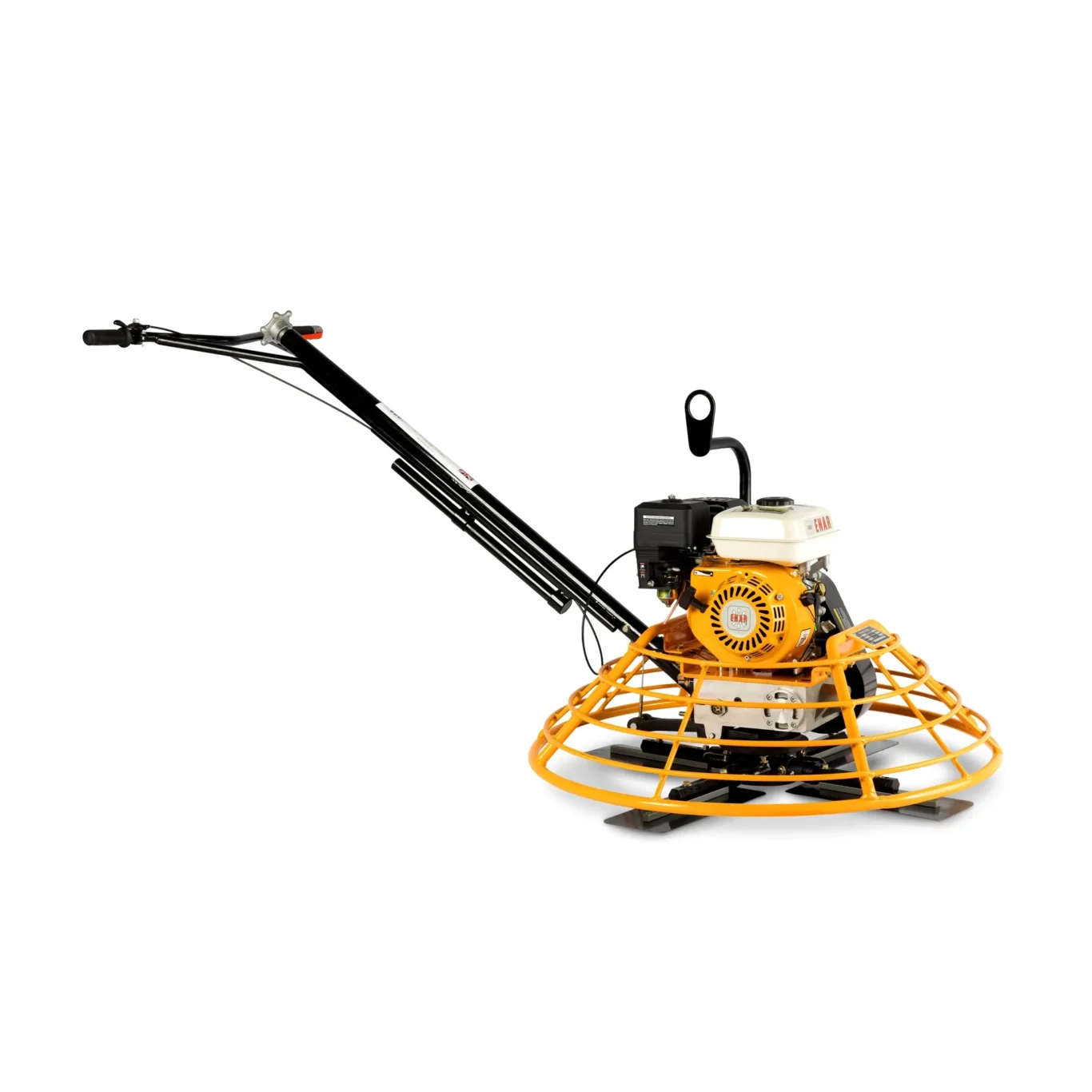 Gas-powered rototiller with a yellow engine and orange safety guard, long black handle extending to the left.
