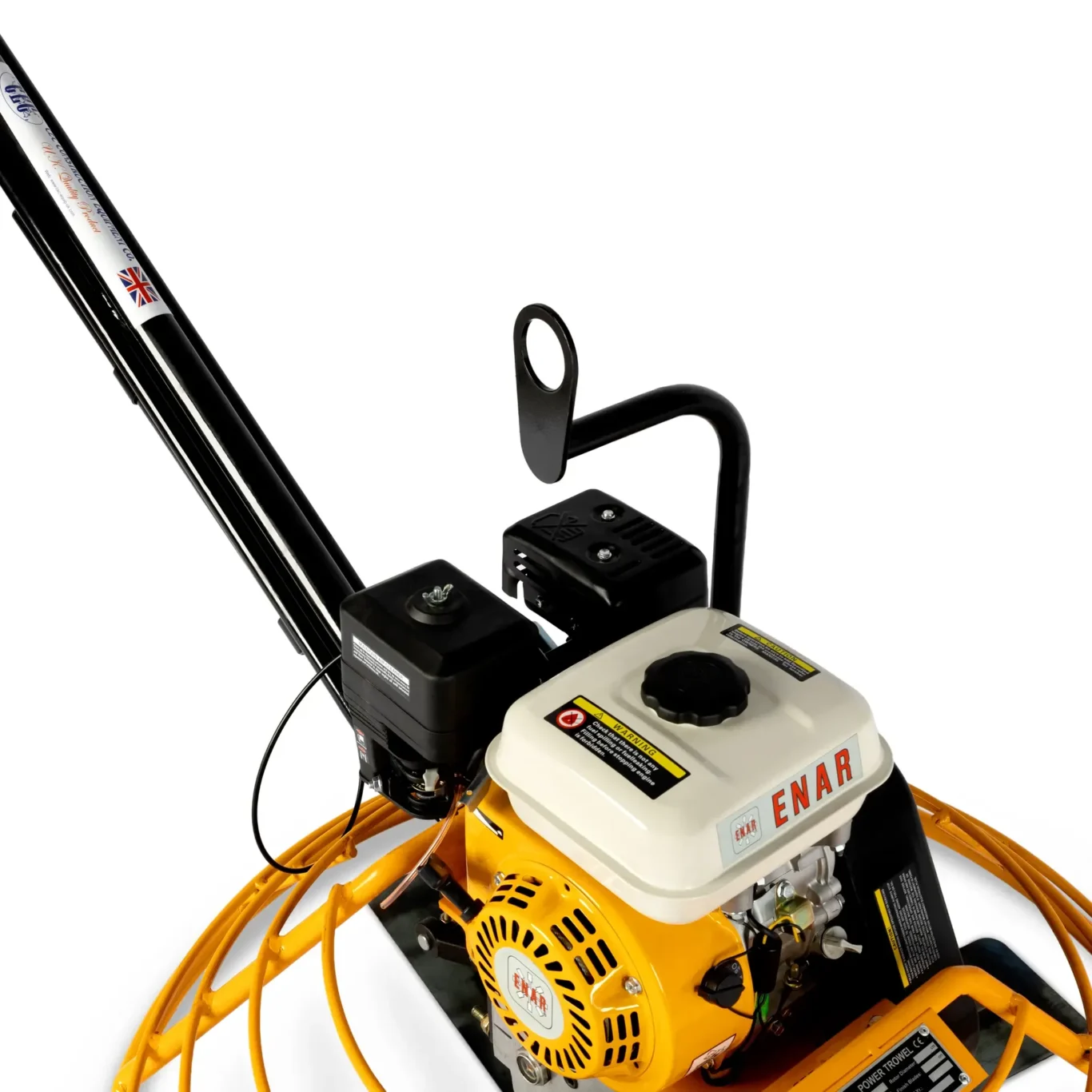 Close-up of a yellow gasoline-powered jackhammer with black handlebars and a metal guide rod.