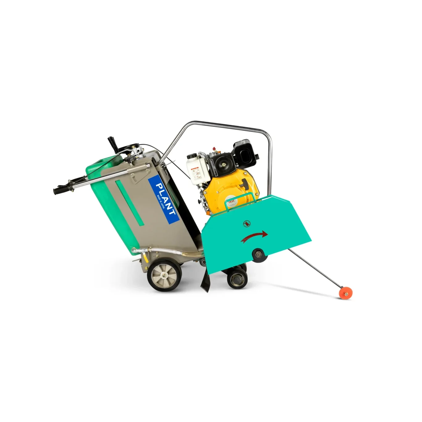 Wheeled garden tool with a teal body and yellow engine tilted on its side, showing handlebars and wheels
