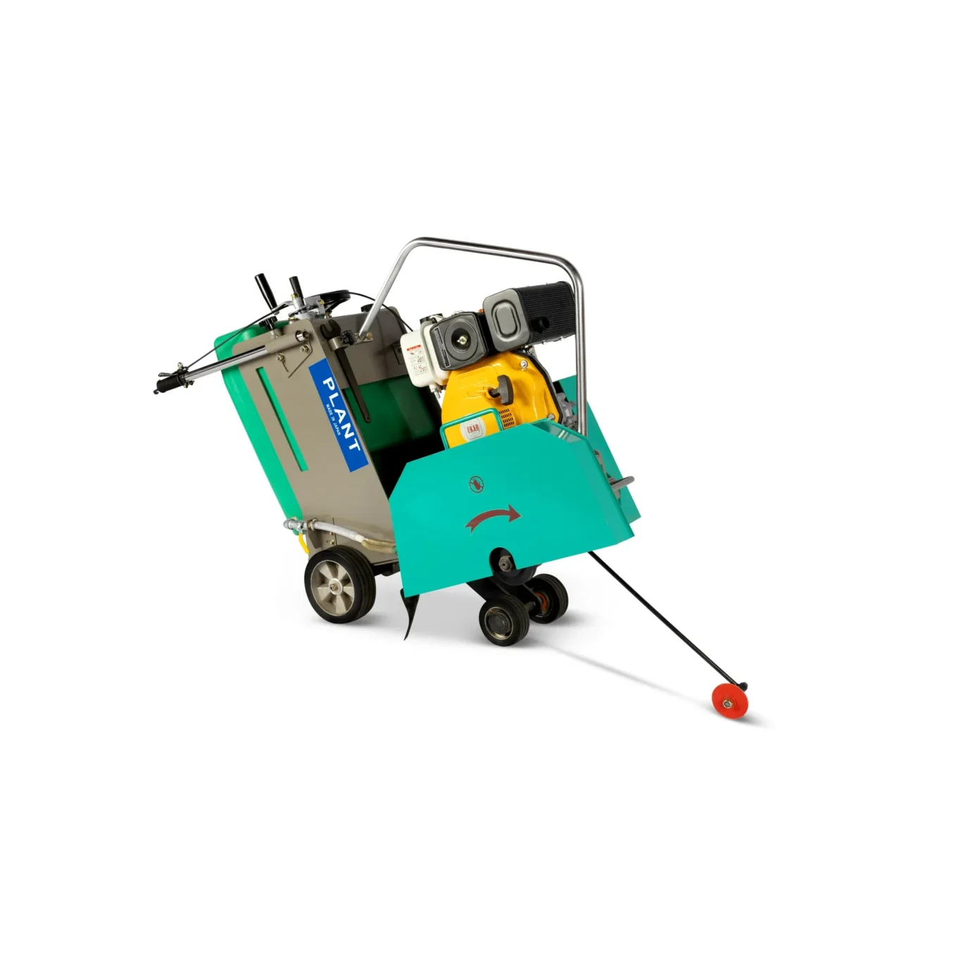 Angled view of a teal and gray wheeled industrial cart with a small yellow engine, hose, and metal handle against a white background.