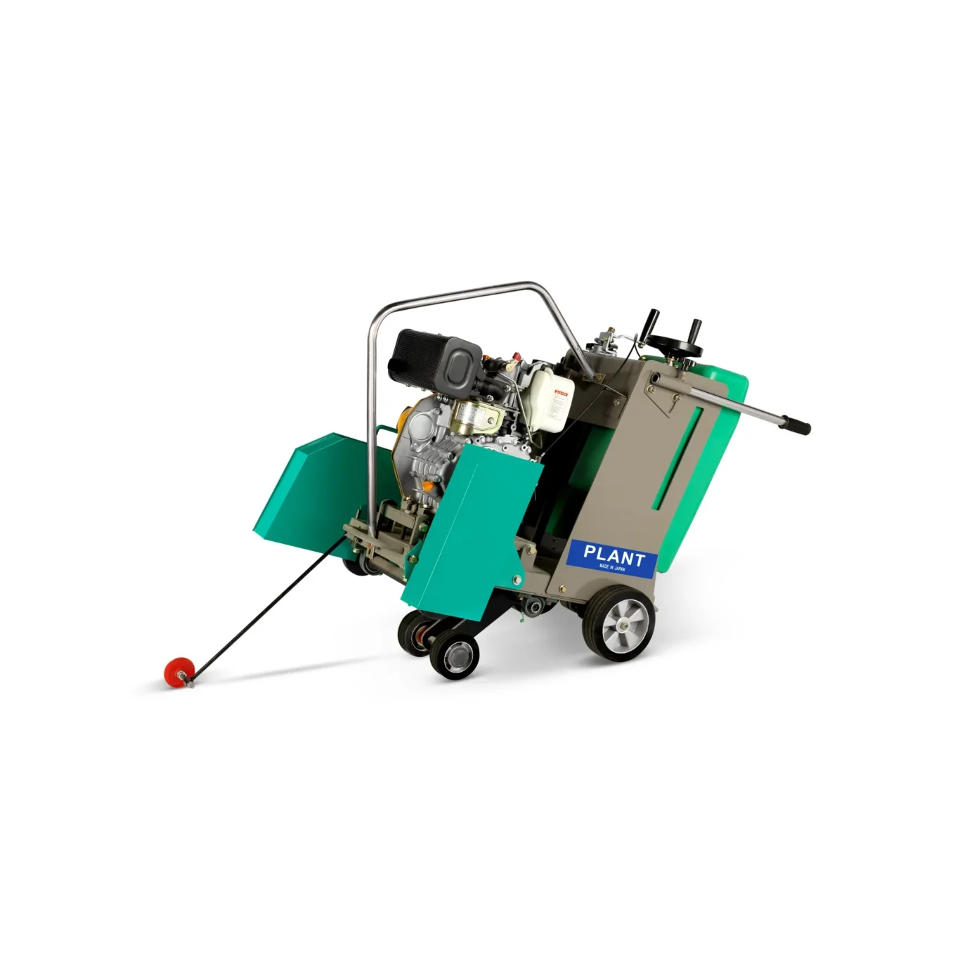 Portable machine with teal panels and exposed engine mounted on a wheeled frame, photographed at an angle.