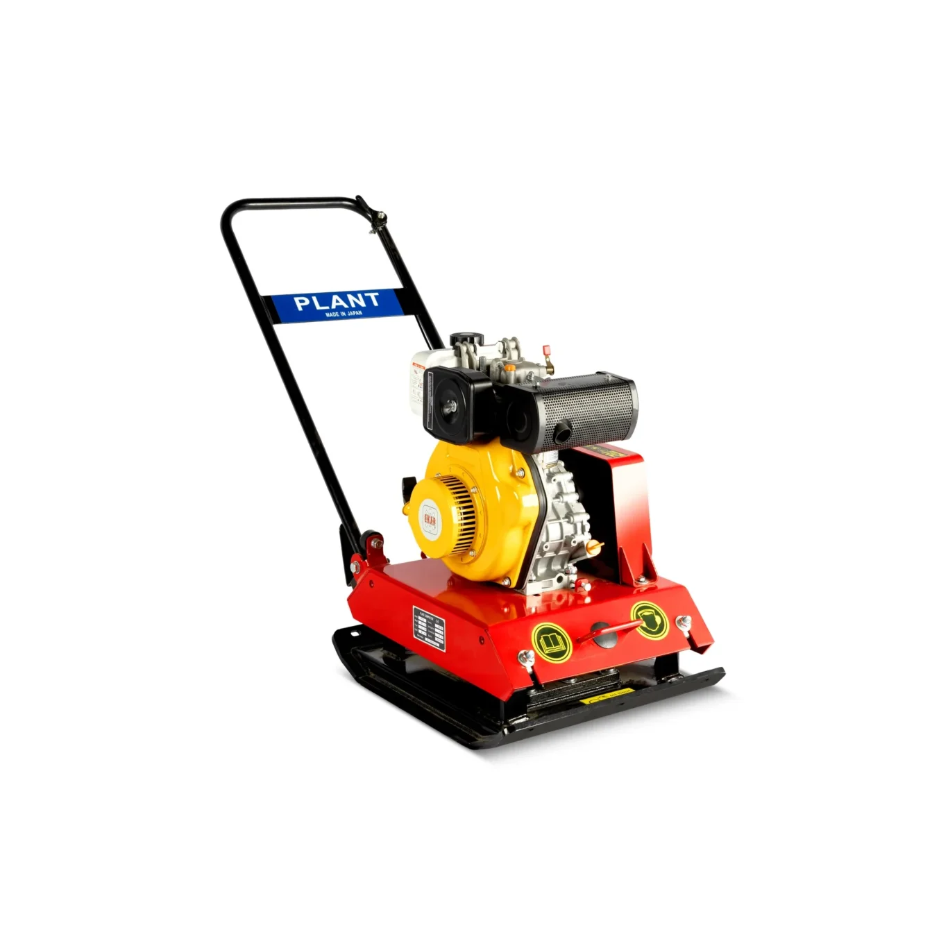 Gas-powered plate compactor with a red base, yellow engine, and curved black handle