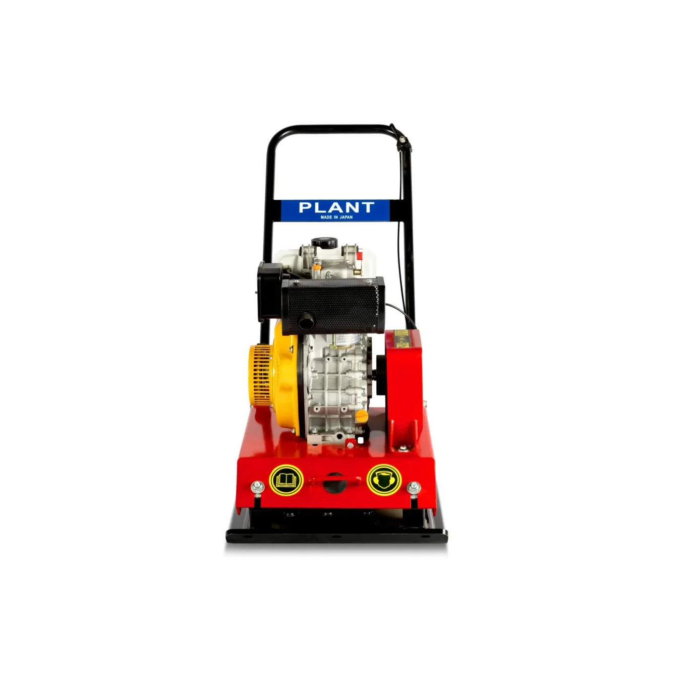 Red industrial machine with a black frame and yellow engine housing, featuring a blue label reading 'PLANT MADE IN JAPAN' visible on the frame.