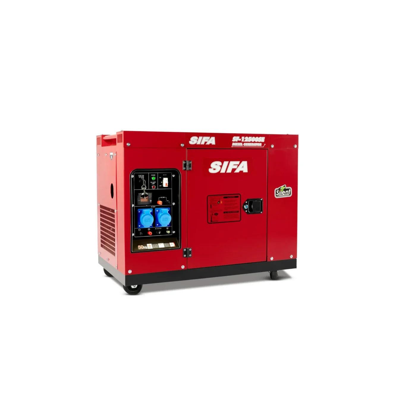 Red portable diesel generator on a wheeled base with a visible control panel and vents on the side