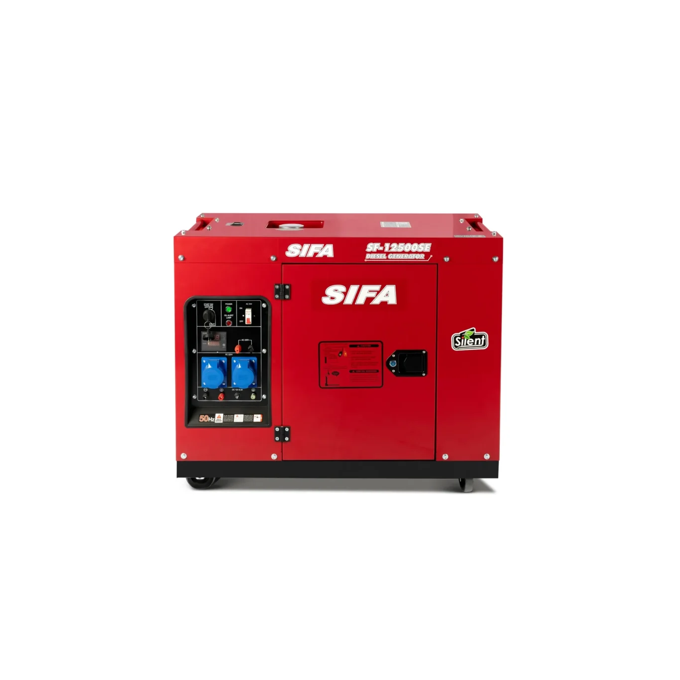 Red diesel generator with control panel visible on the left and large 'SIFA' logo on the front panel, wheeled base.