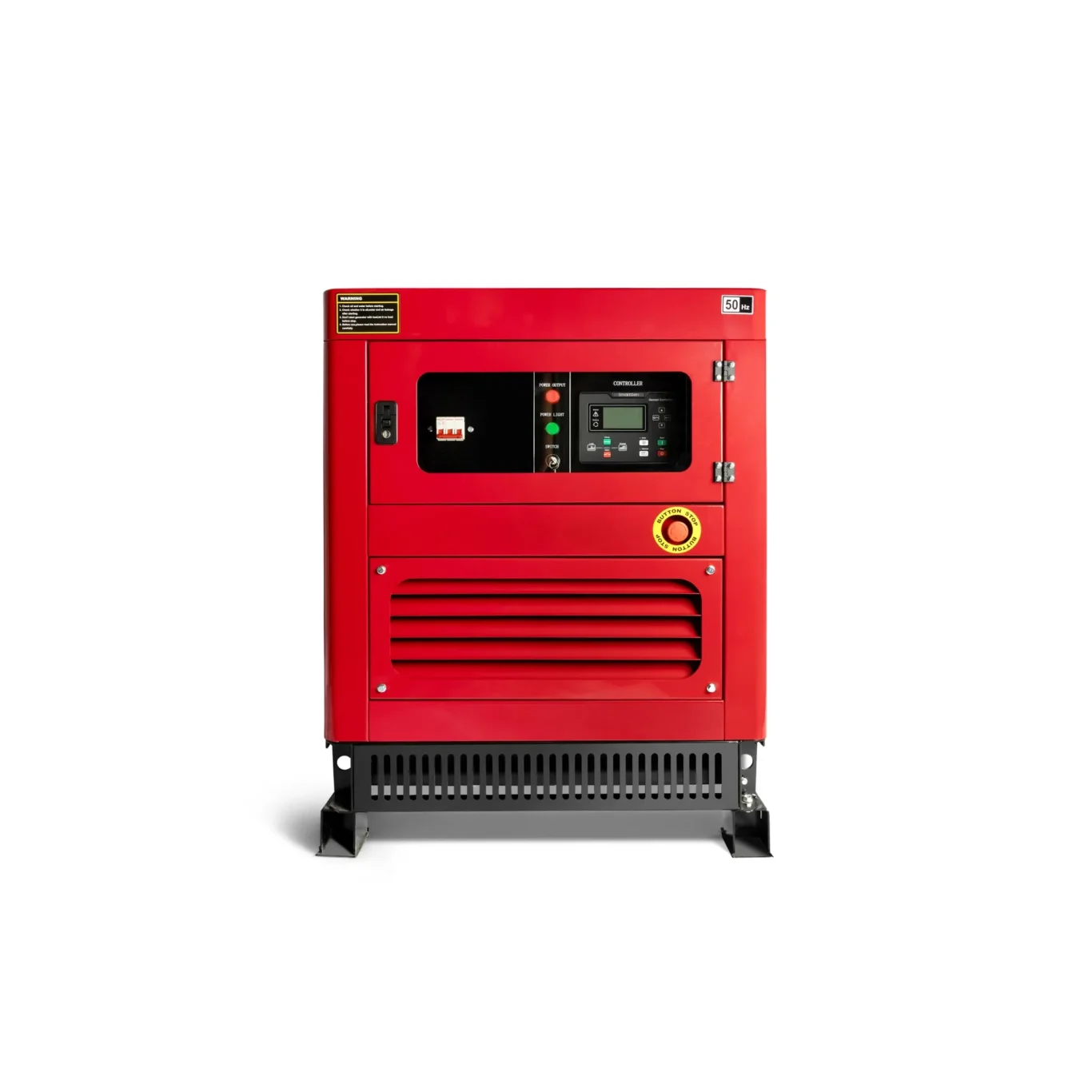 Red industrial cabinet with a control panel and a display screen on the right side of the front panel (50 Hz label).**Not sure**
